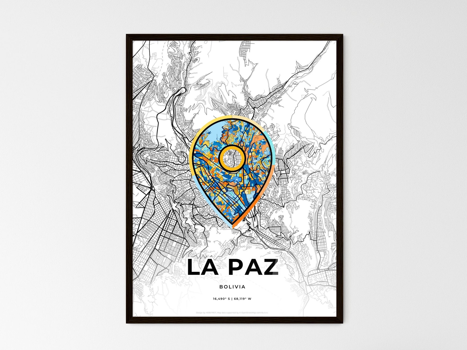 La Paz Bolivia wedding art map with pointer icon