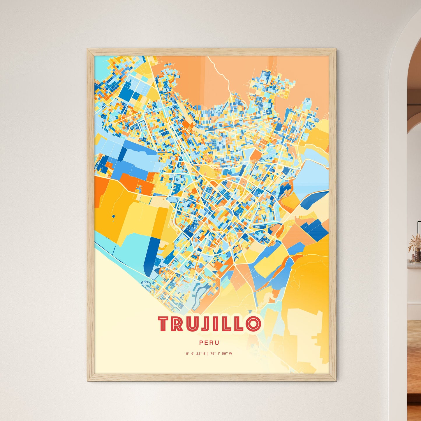 Colorful Trujillo Peru Fine Art Map Blue Orange