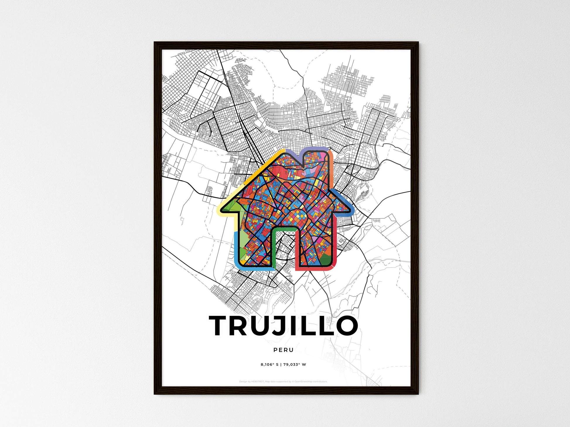 TRUJILLO PERU minimal art map with a colorful icon. Where it all began, Couple map gift. Style 3