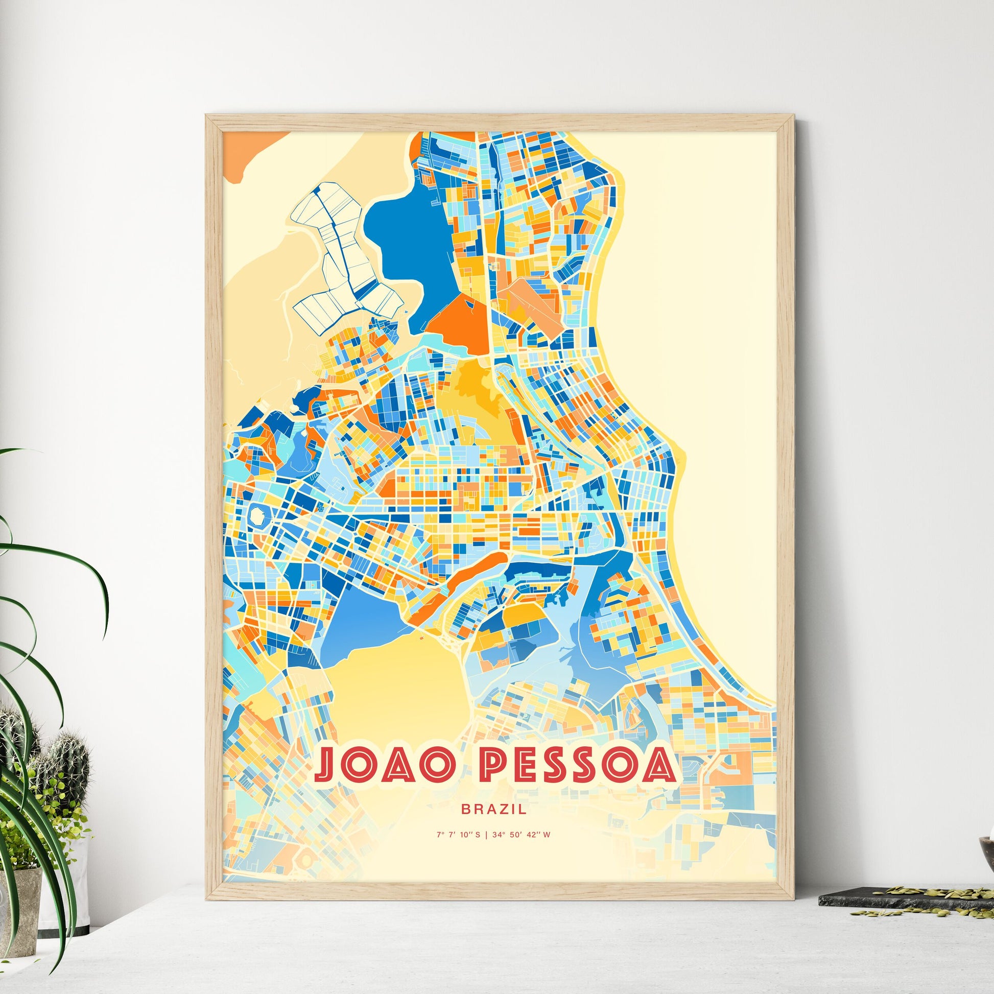 Colorful Joao Pessoa Brazil Fine Art Map Blue Orange