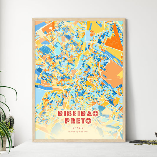 Colorful RIBEIRAO PRETO BRAZIL Fine Art Map Blue Orange