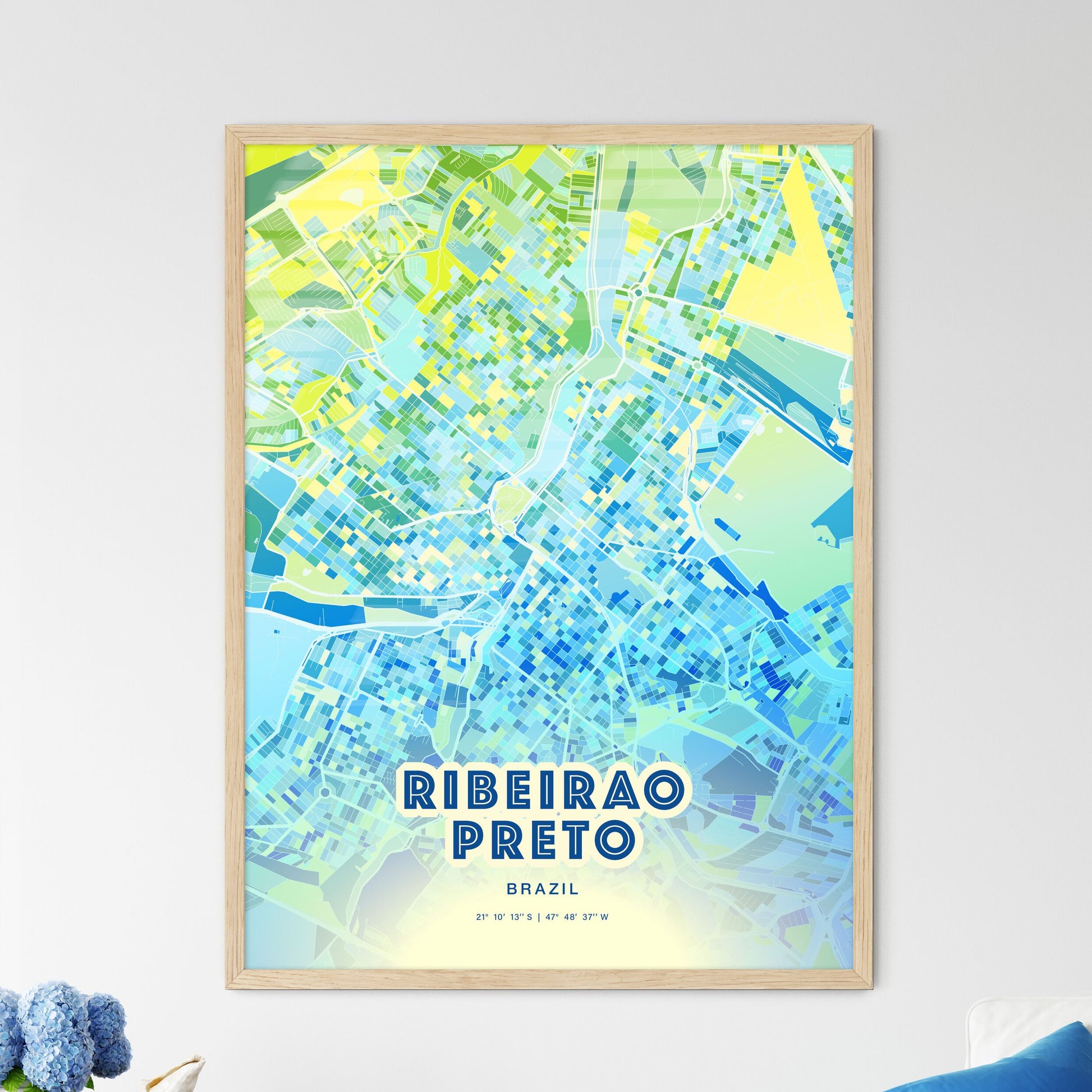 Colorful RIBEIRAO PRETO BRAZIL Fine Art Map Cool Blue
