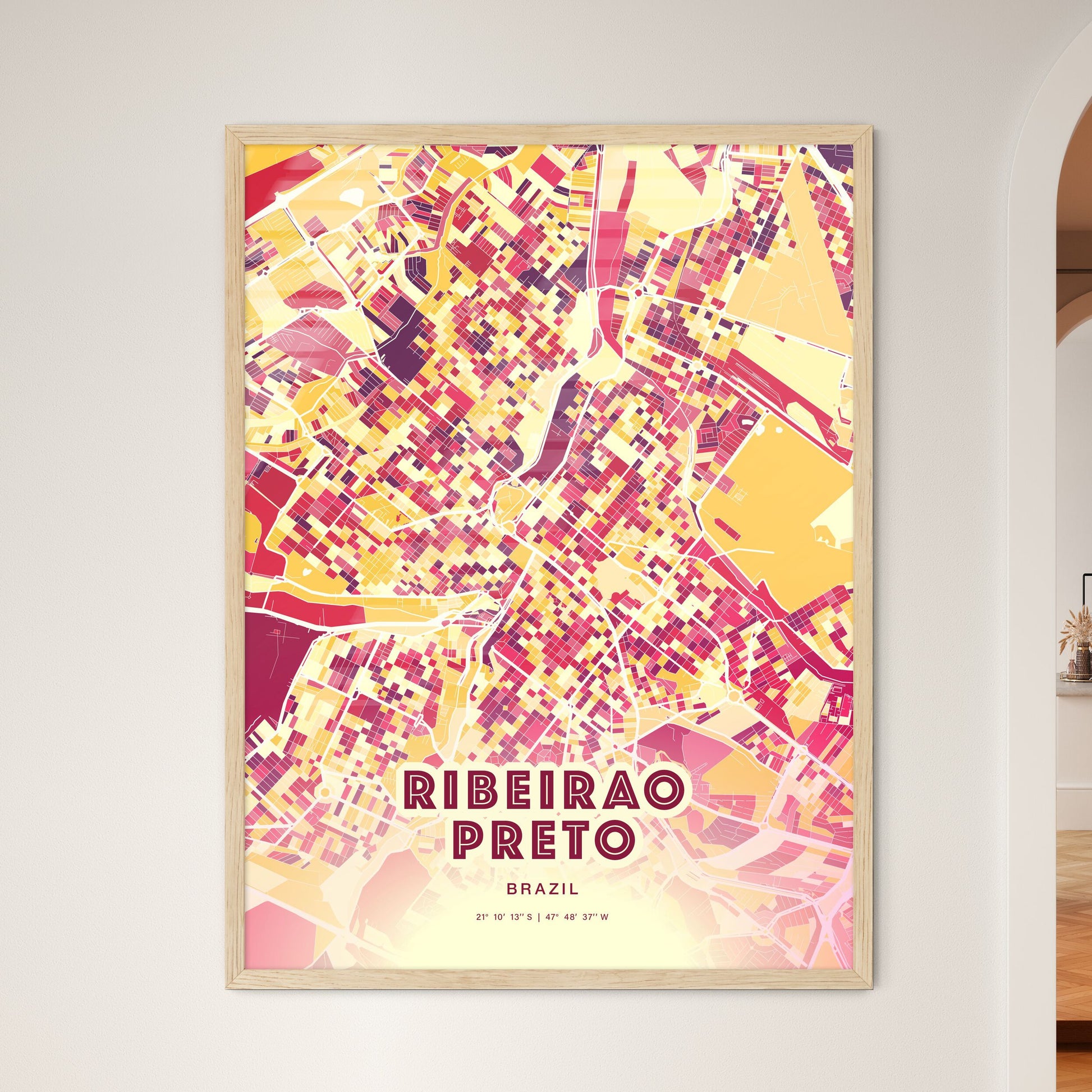 Colorful RIBEIRAO PRETO BRAZIL Fine Art Map Hot Red