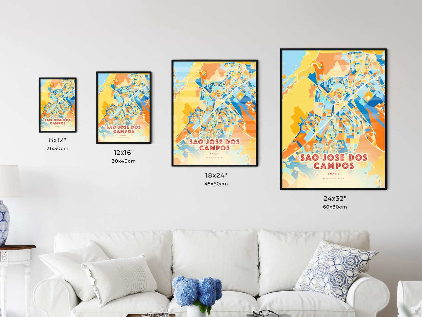 Colorful SAO JOSE DOS CAMPOS BRAZIL Fine Art Map Blue Orange