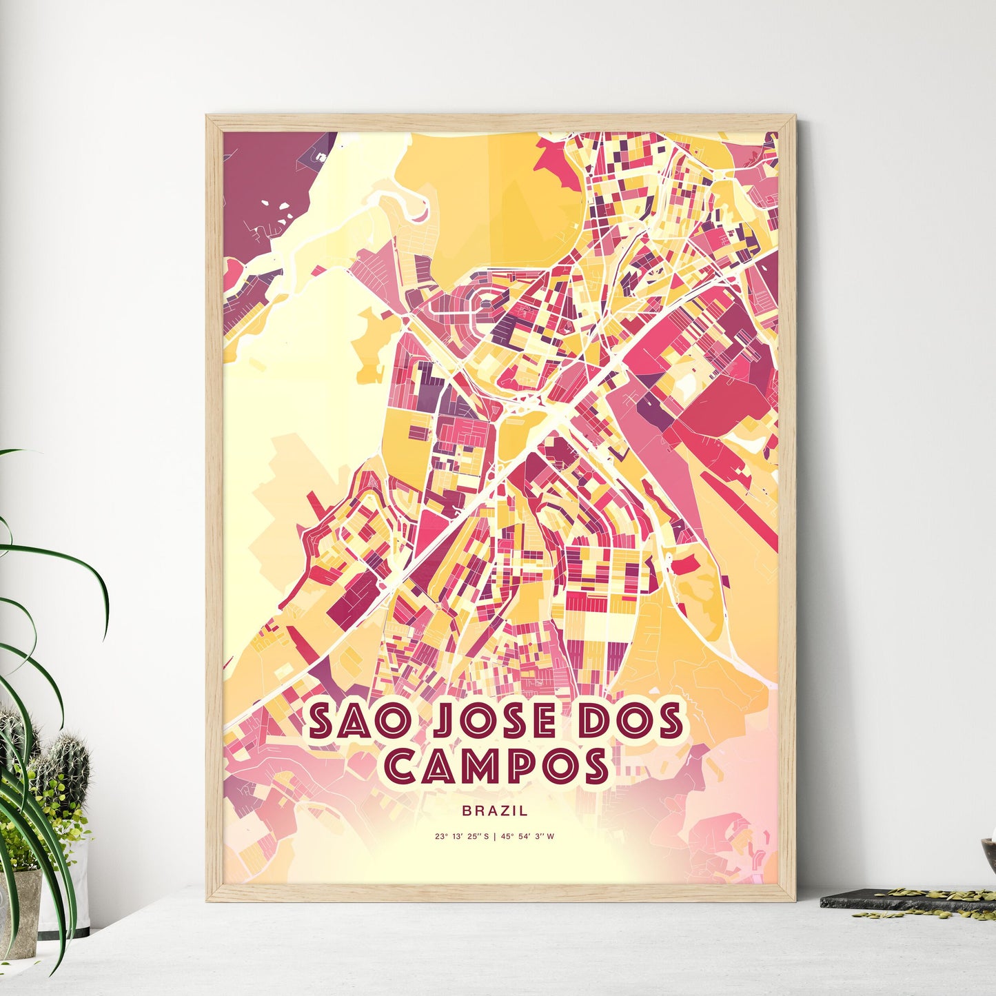 Colorful SAO JOSE DOS CAMPOS BRAZIL Fine Art Map Hot Red