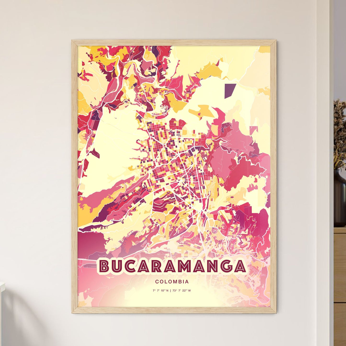 Colorful BUCARAMANGA COLOMBIA Fine Art Map Hot Red