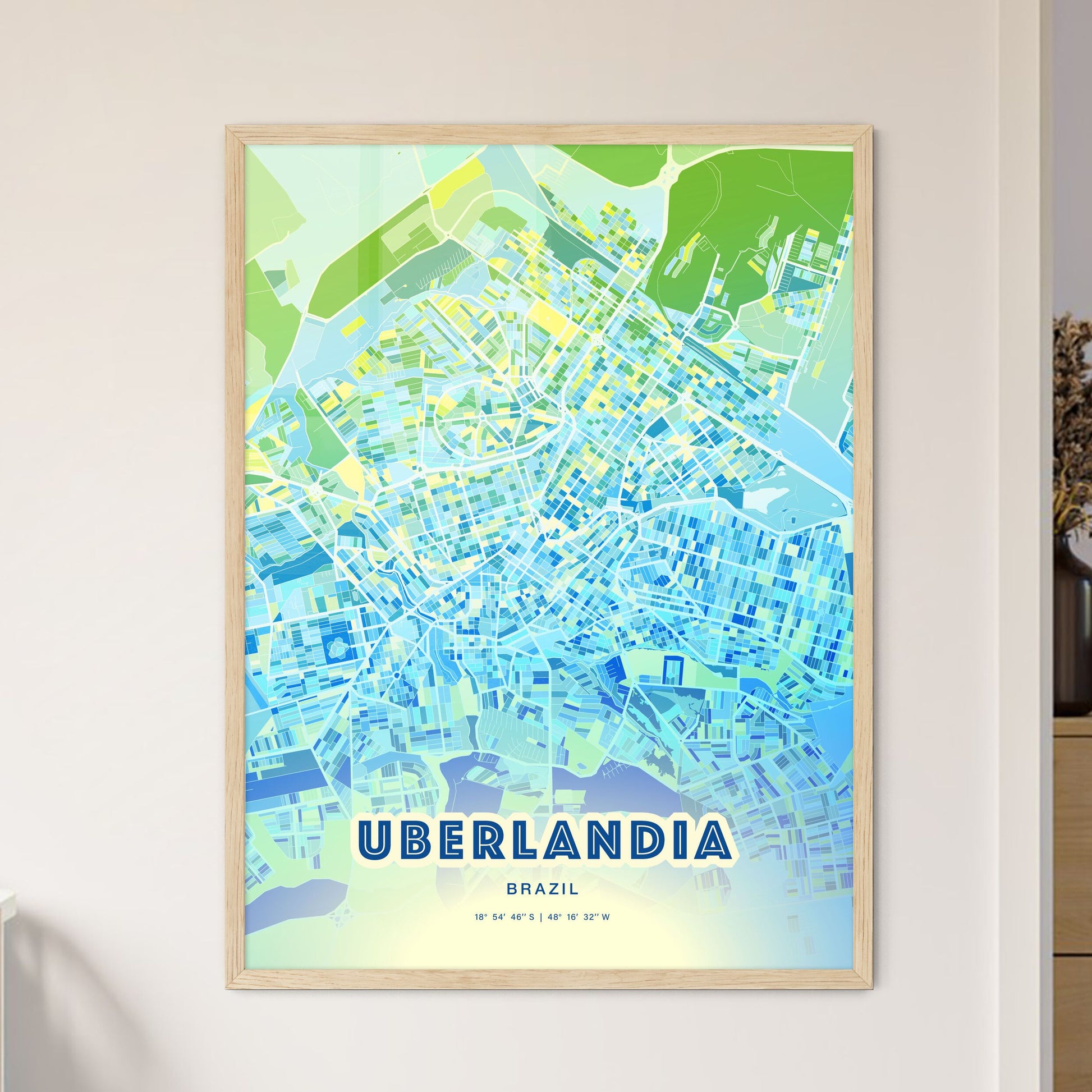 Colorful UBERLANDIA BRAZIL Fine Art Map Cool Blue