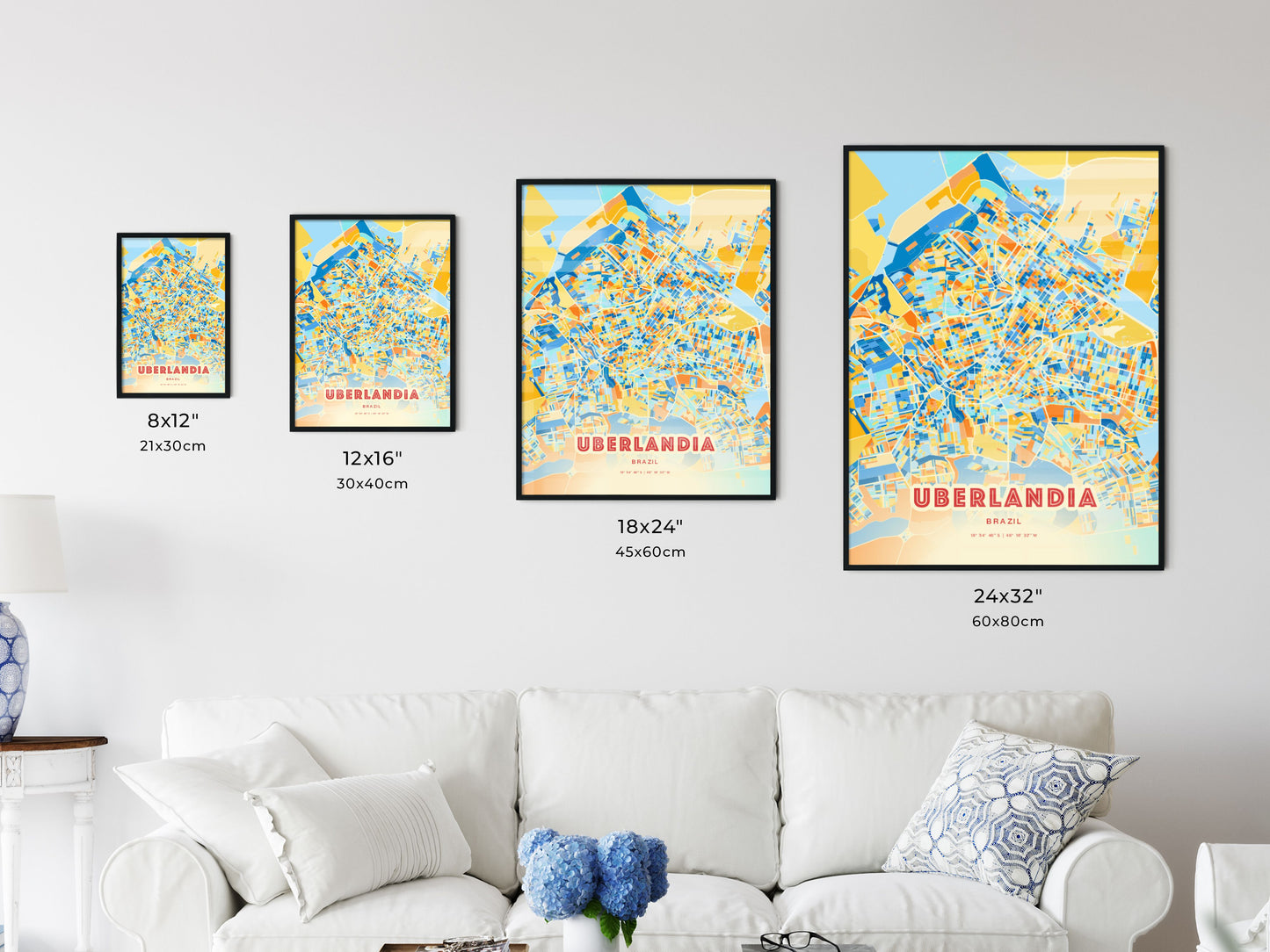 Colorful UBERLANDIA BRAZIL Fine Art Map Blue Orange