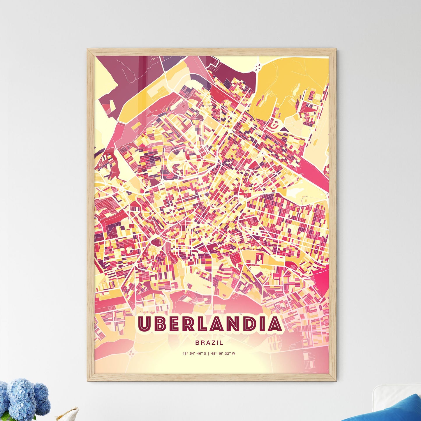 Colorful UBERLANDIA BRAZIL Fine Art Map Hot Red