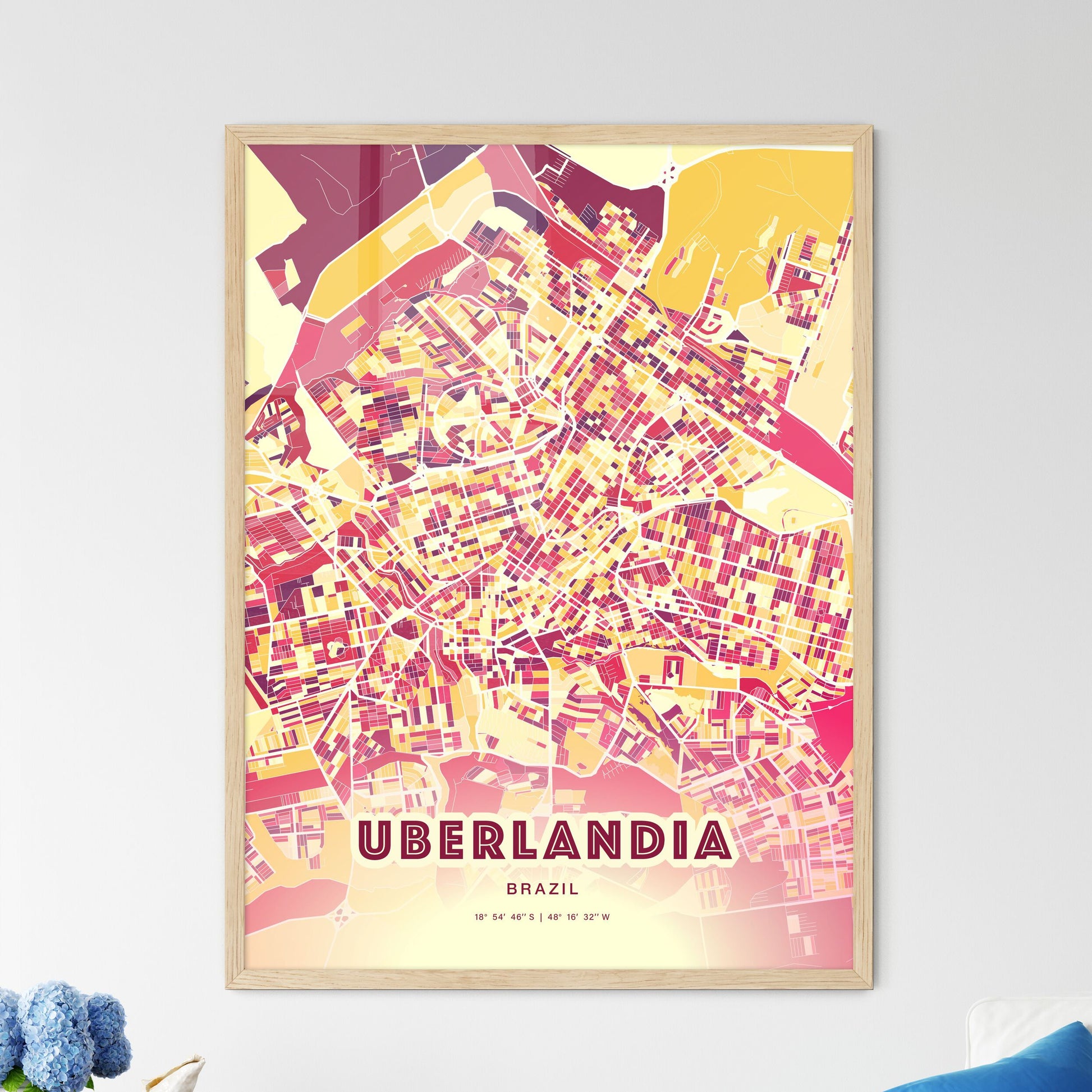 Colorful UBERLANDIA BRAZIL Fine Art Map Hot Red