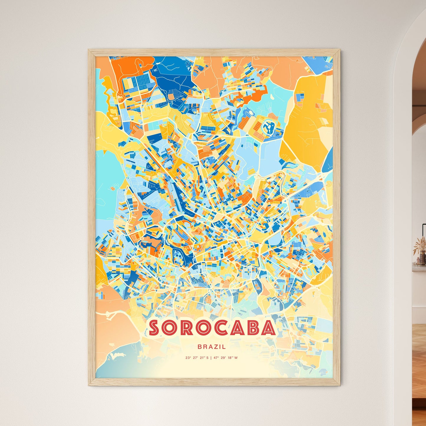 Colorful SOROCABA BRAZIL Fine Art Map Blue Orange