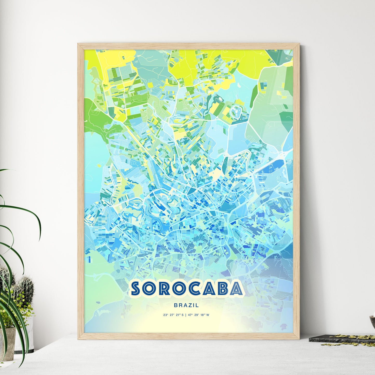 Colorful SOROCABA BRAZIL Fine Art Map Cool Blue