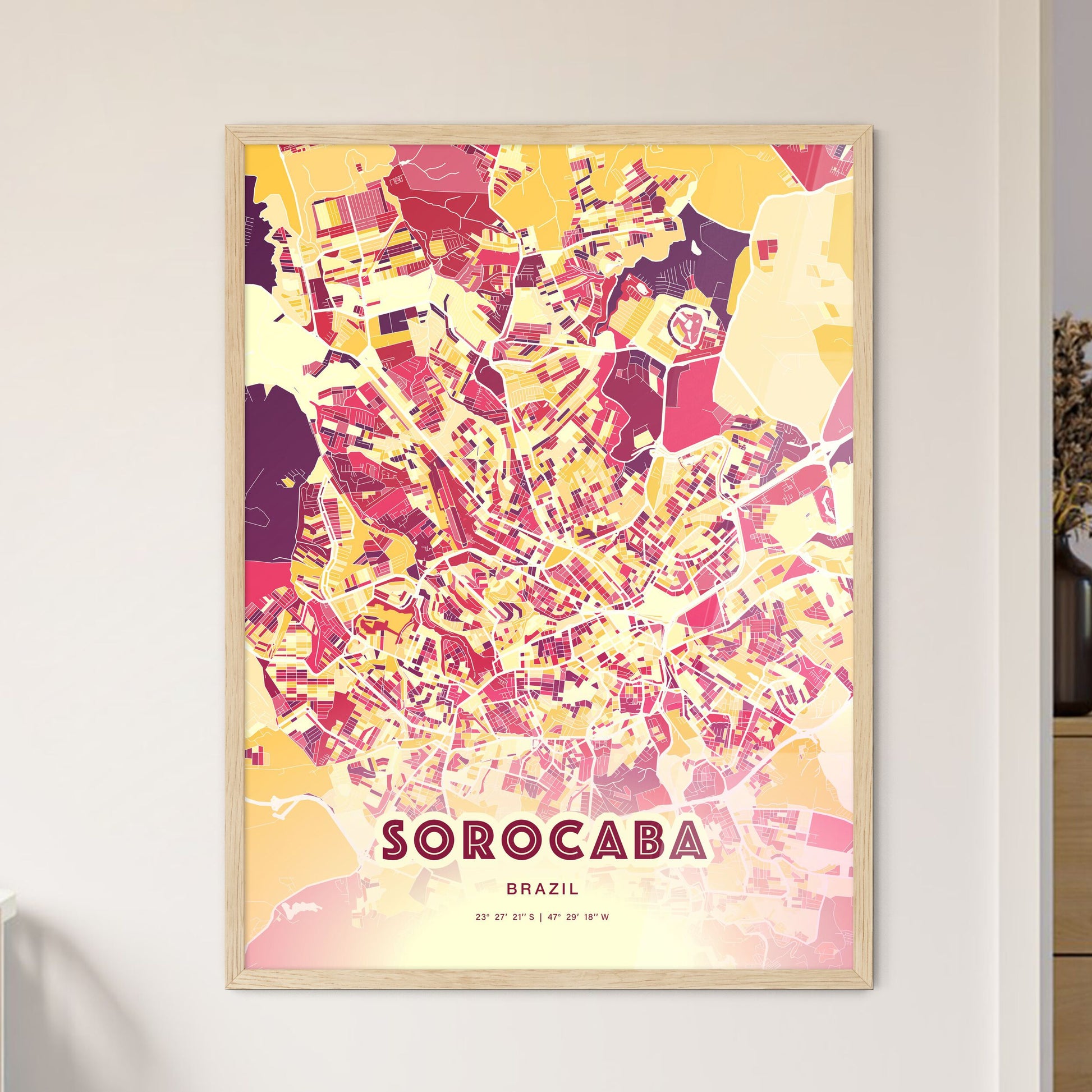 Colorful SOROCABA BRAZIL Fine Art Map Hot Red