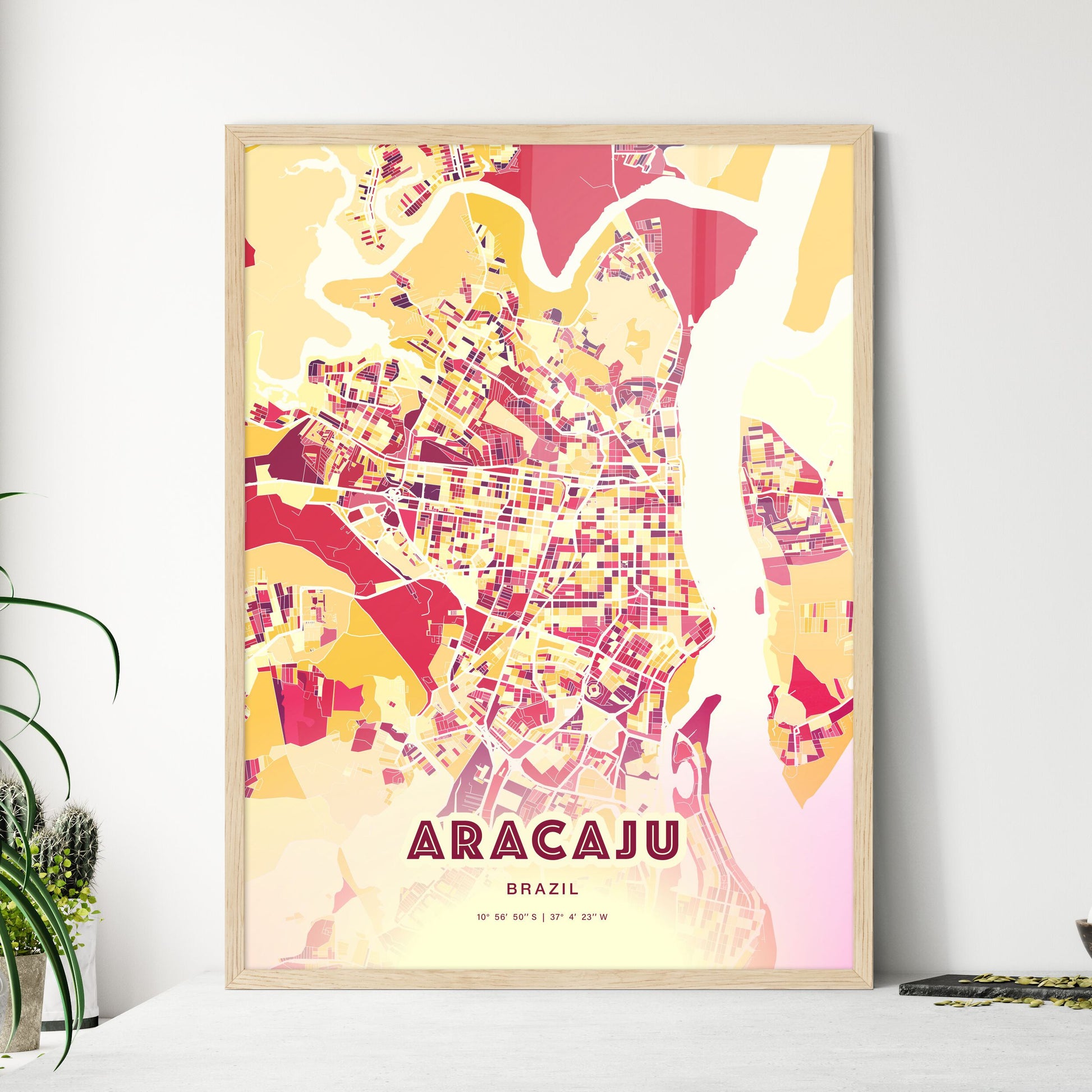 Colorful ARACAJU BRAZIL Fine Art Map Hot Red