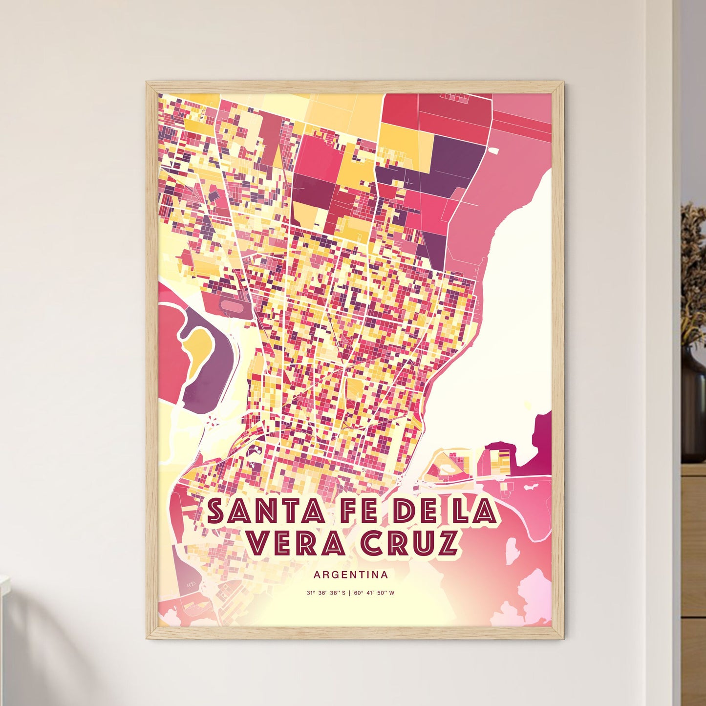 Colorful SANTA FE DE LA VERA CRUZ ARGENTINA Fine Art Map Hot Red