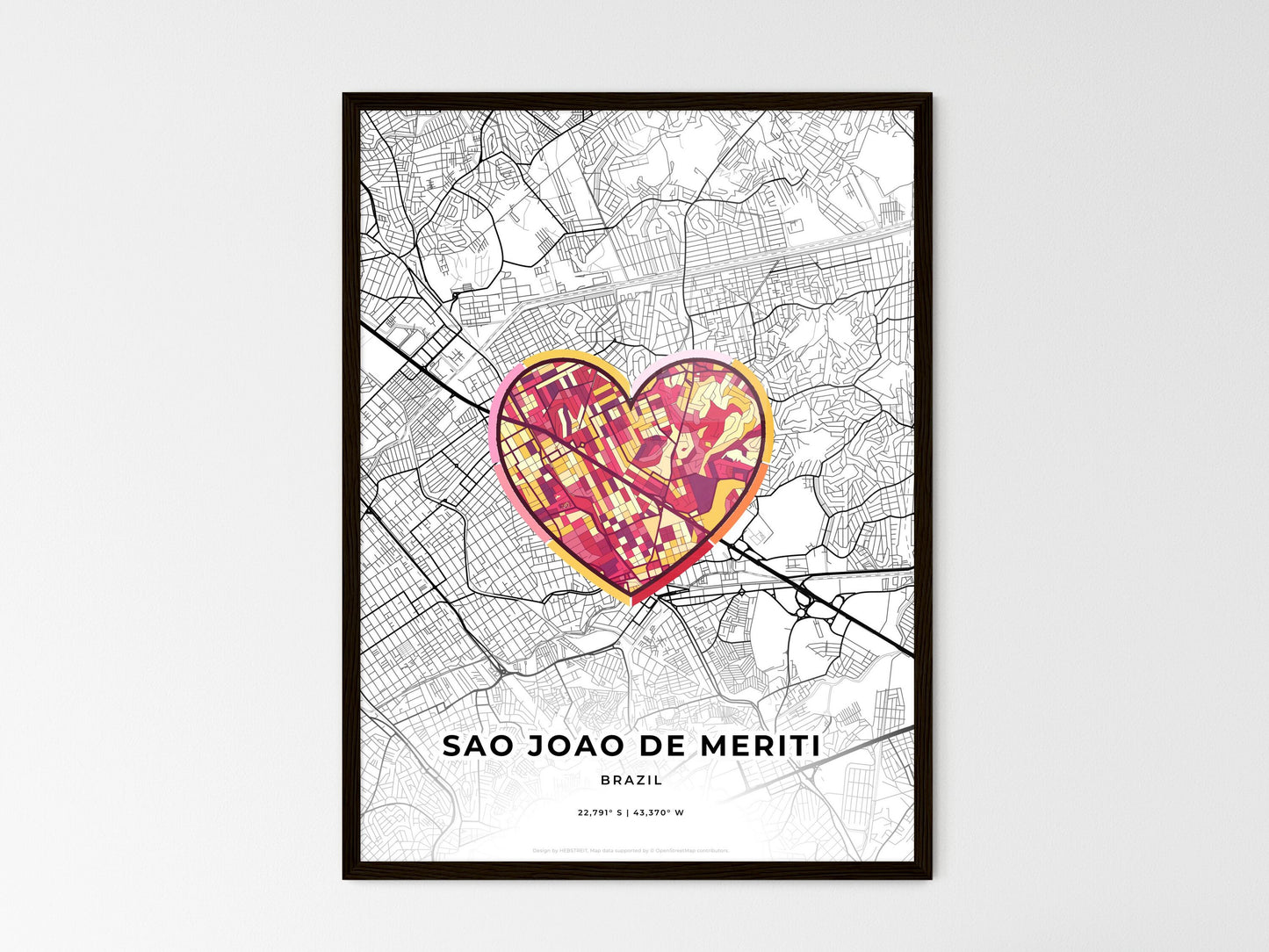 Sao Joao De Meriti Brazil wedding art map with heart icon