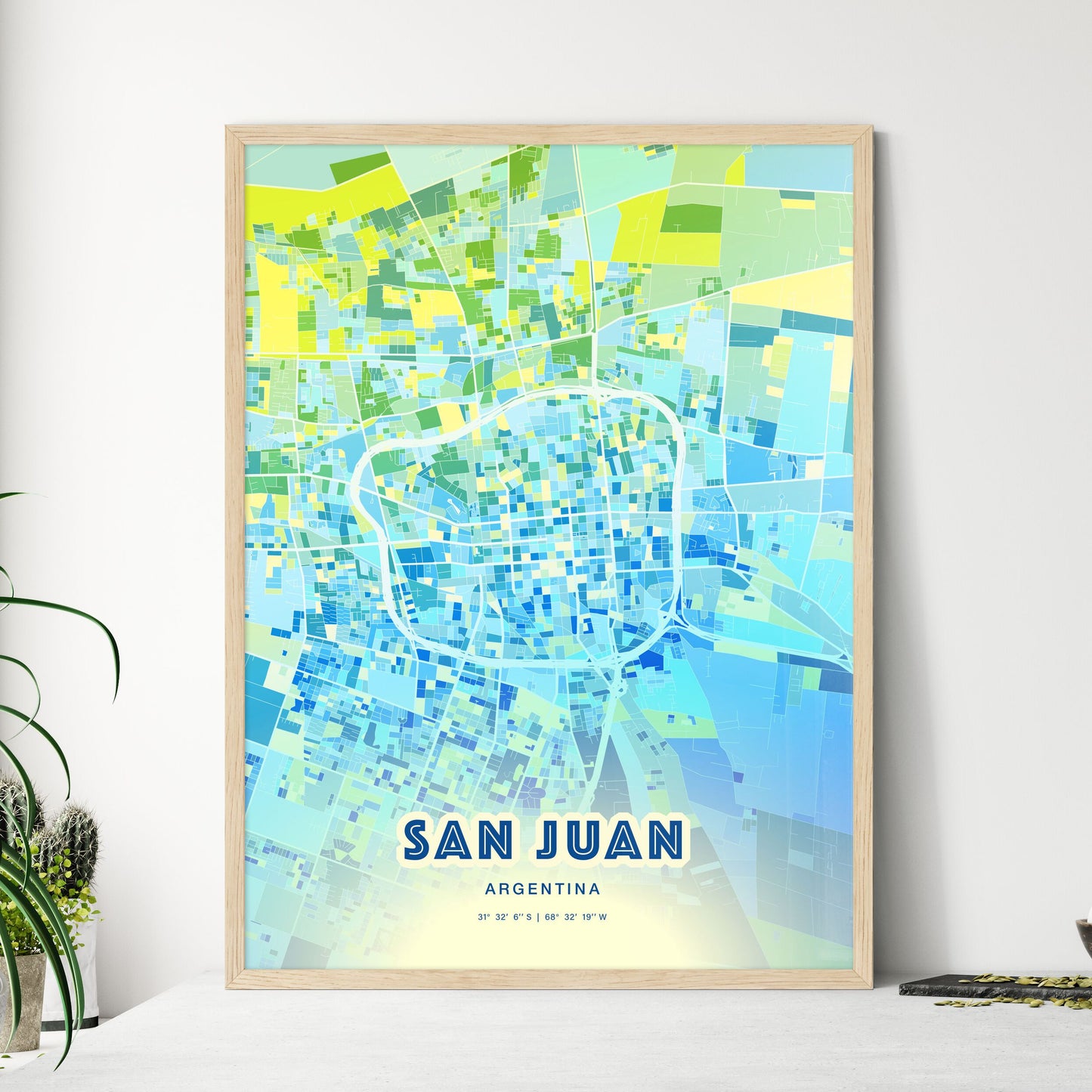 Colorful SAN JUAN ARGENTINA Fine Art Map Cool Blue