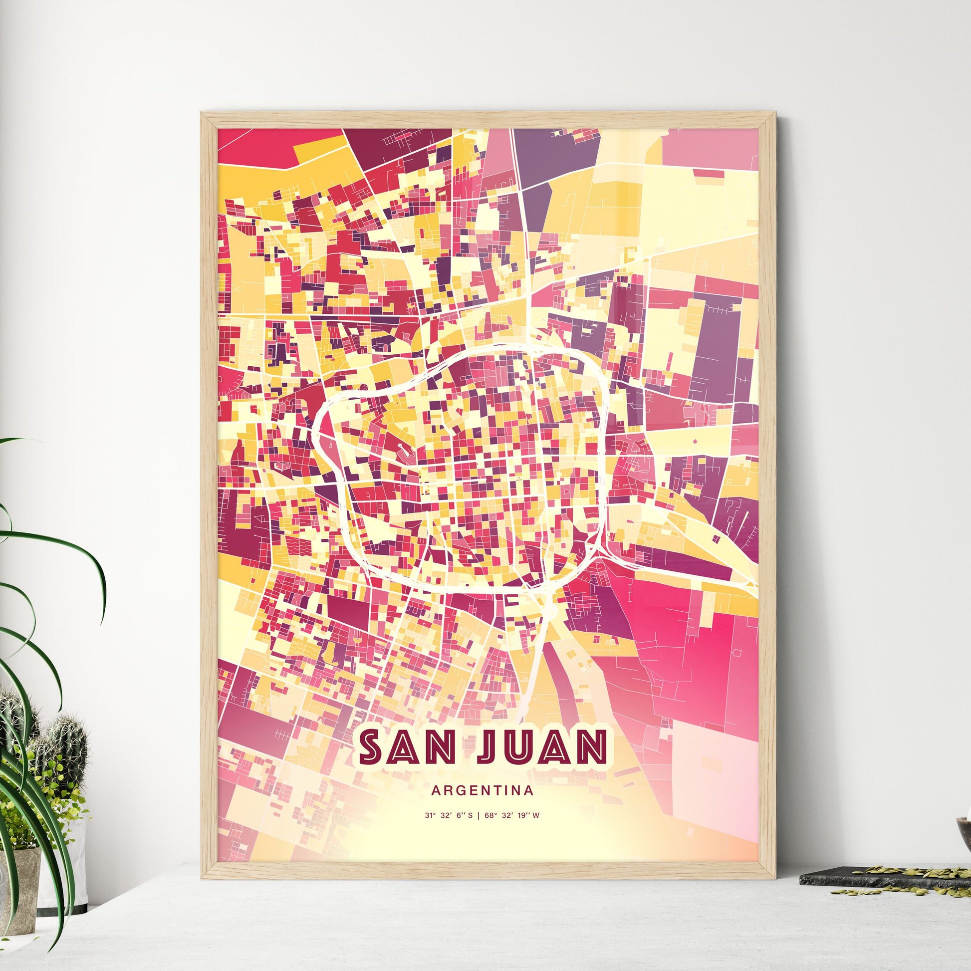 Colorful SAN JUAN ARGENTINA Fine Art Map Hot Red