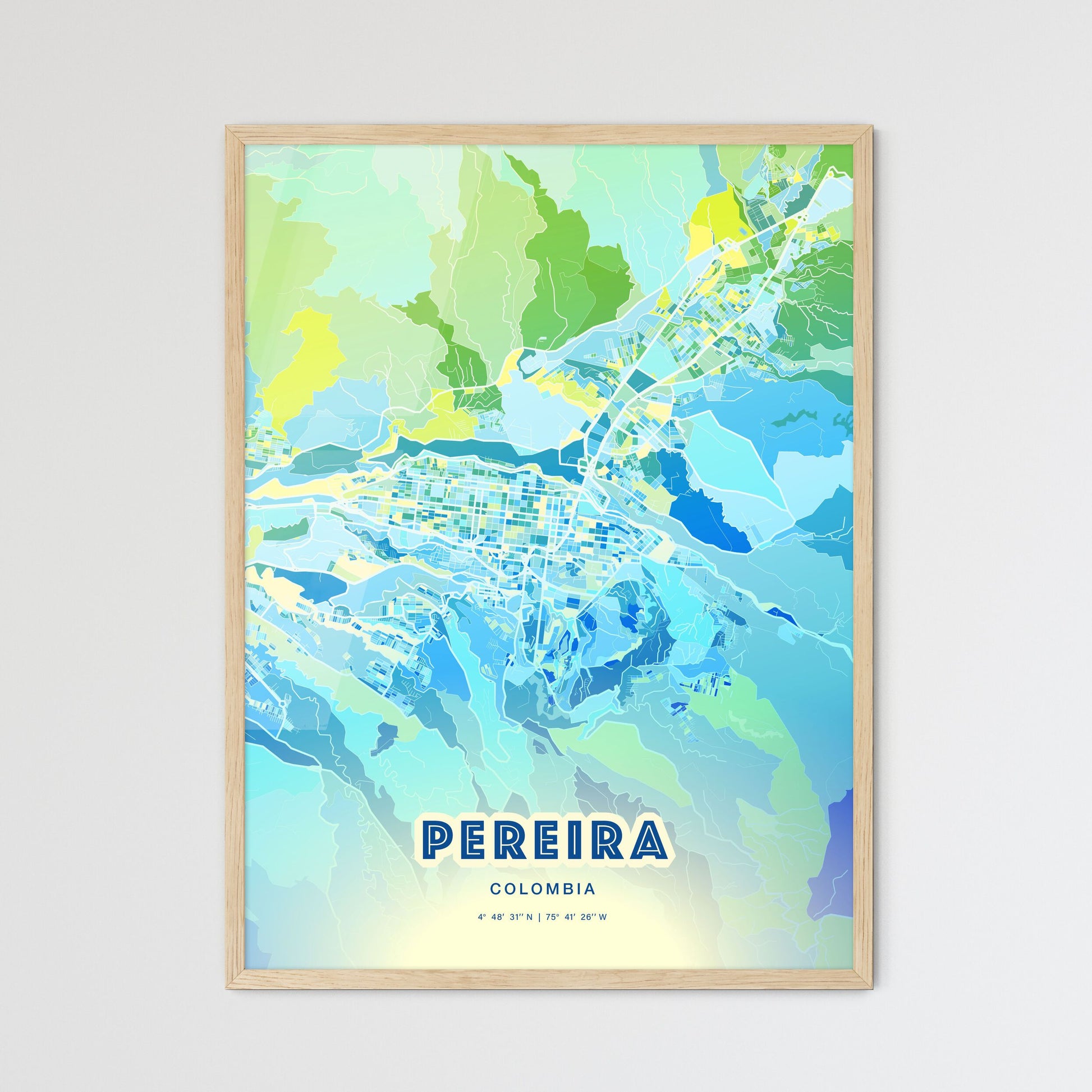 Colorful PEREIRA COLOMBIA Fine Art Map Cool Blue