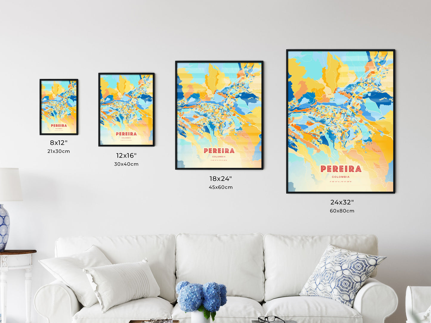 Colorful PEREIRA COLOMBIA Fine Art Map Blue Orange