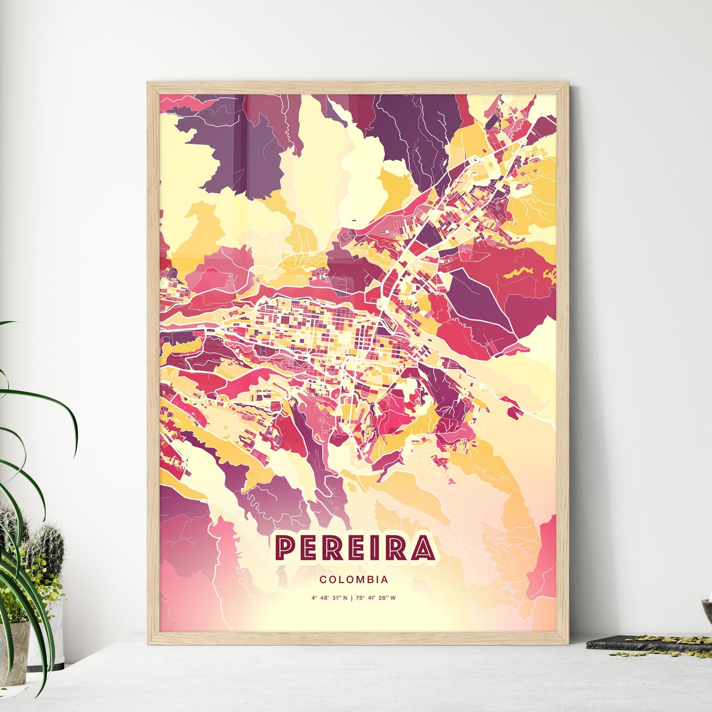 Colorful PEREIRA COLOMBIA Fine Art Map Hot Red