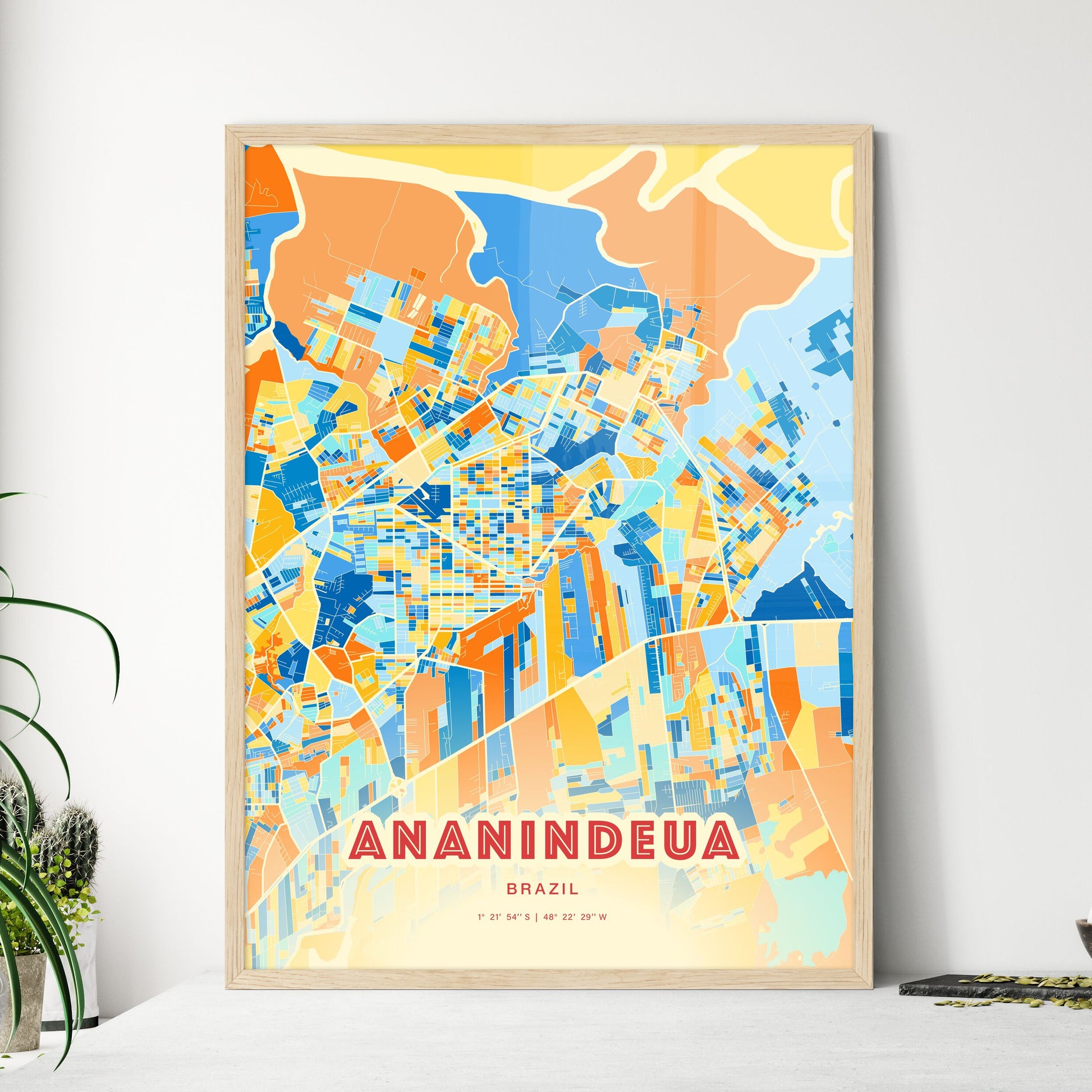 Colorful ANANINDEUA BRAZIL Fine Art Map Blue Orange