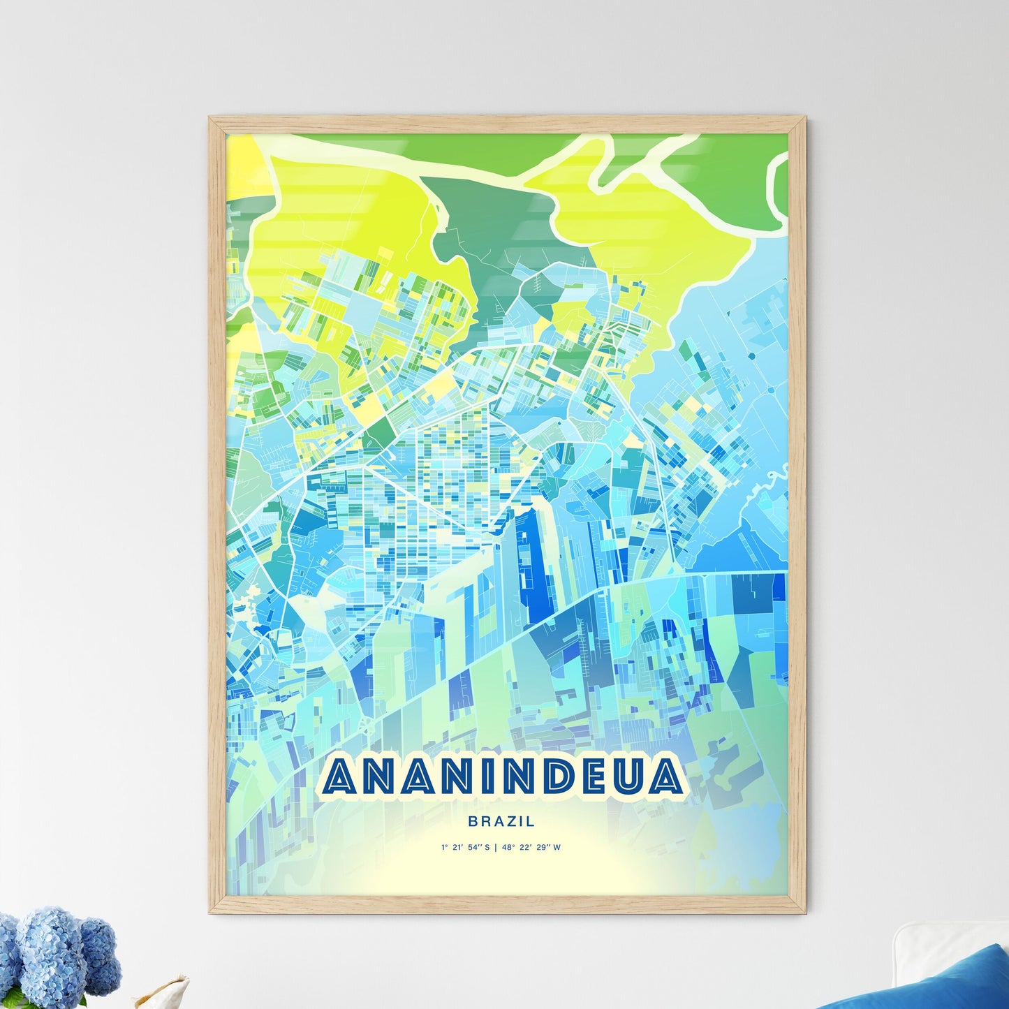 Colorful ANANINDEUA BRAZIL Fine Art Map Cool Blue