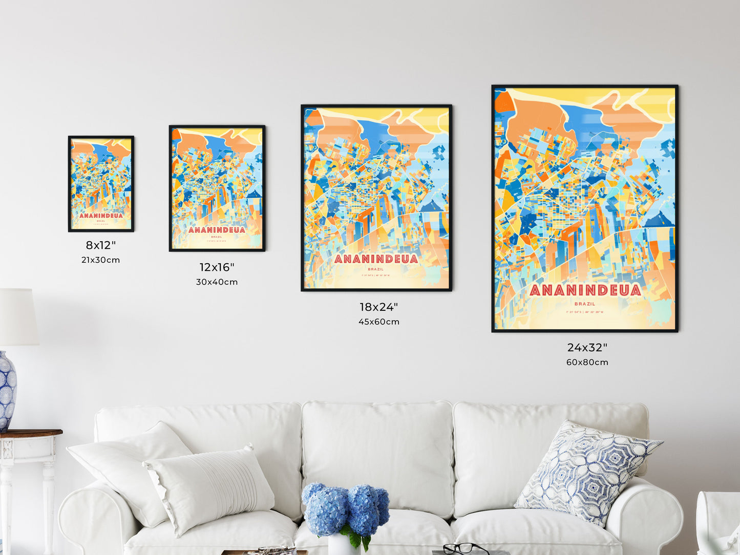 Colorful ANANINDEUA BRAZIL Fine Art Map Blue Orange