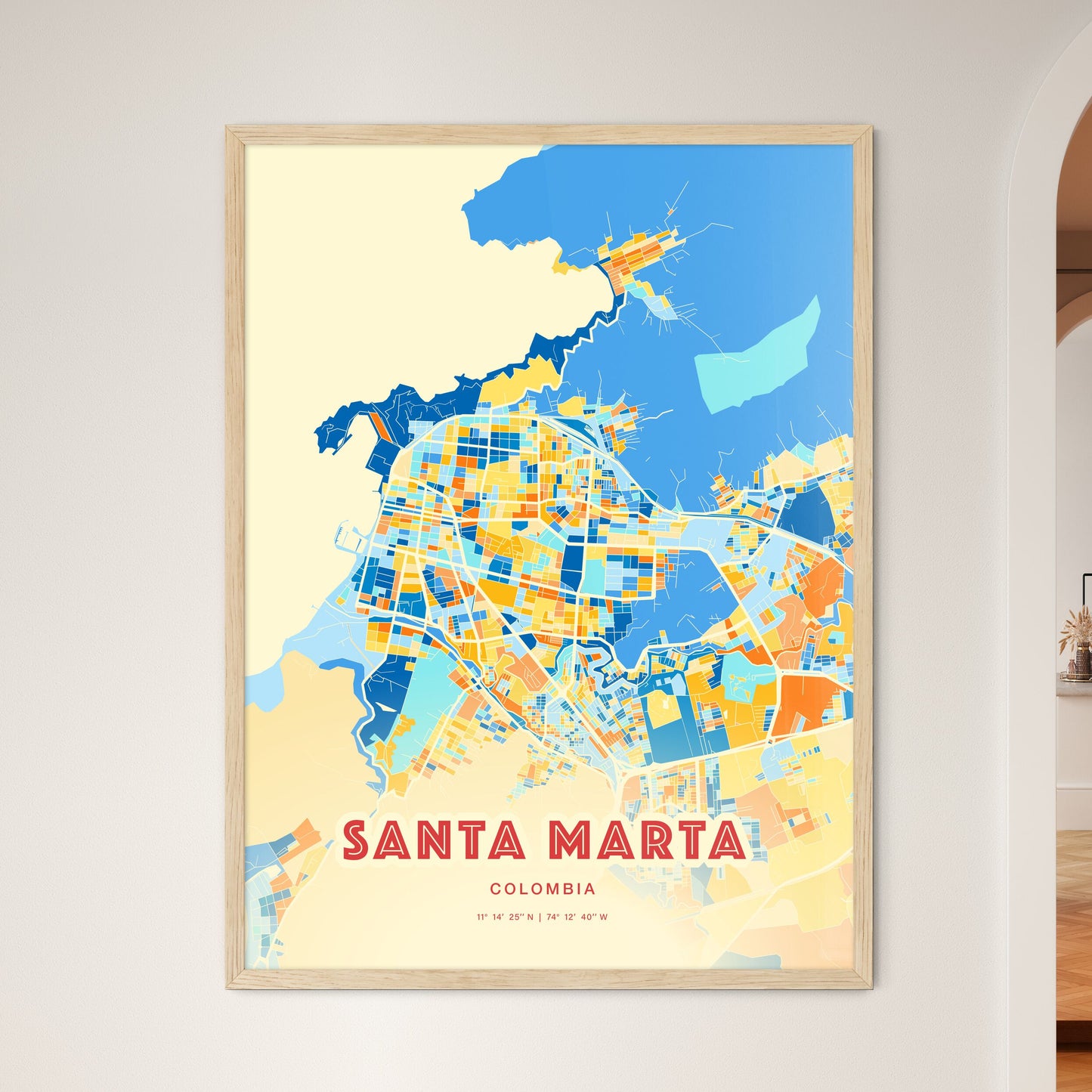 Colorful SANTA MARTA COLOMBIA Fine Art Map Blue Orange