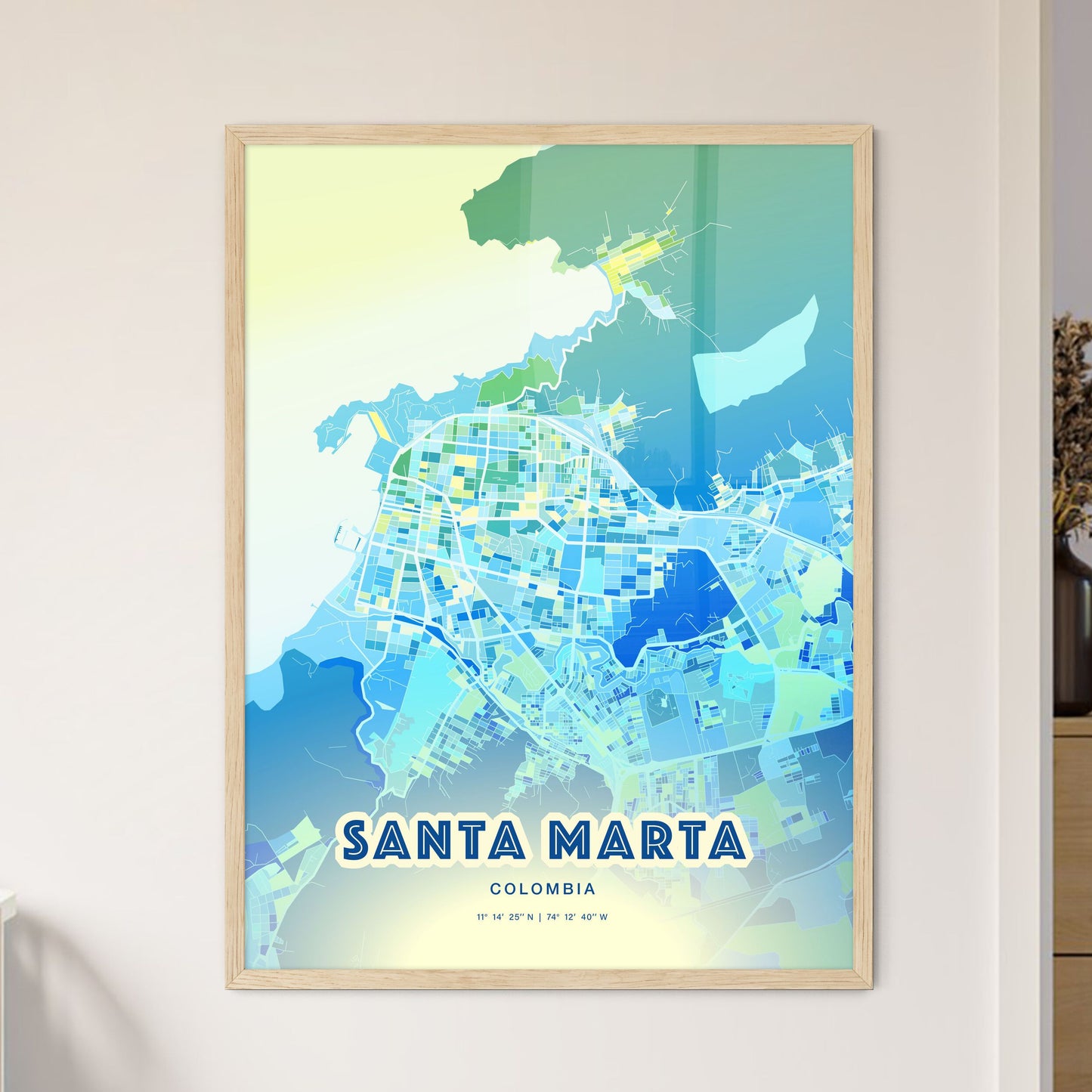 Colorful SANTA MARTA COLOMBIA Fine Art Map Cool Blue