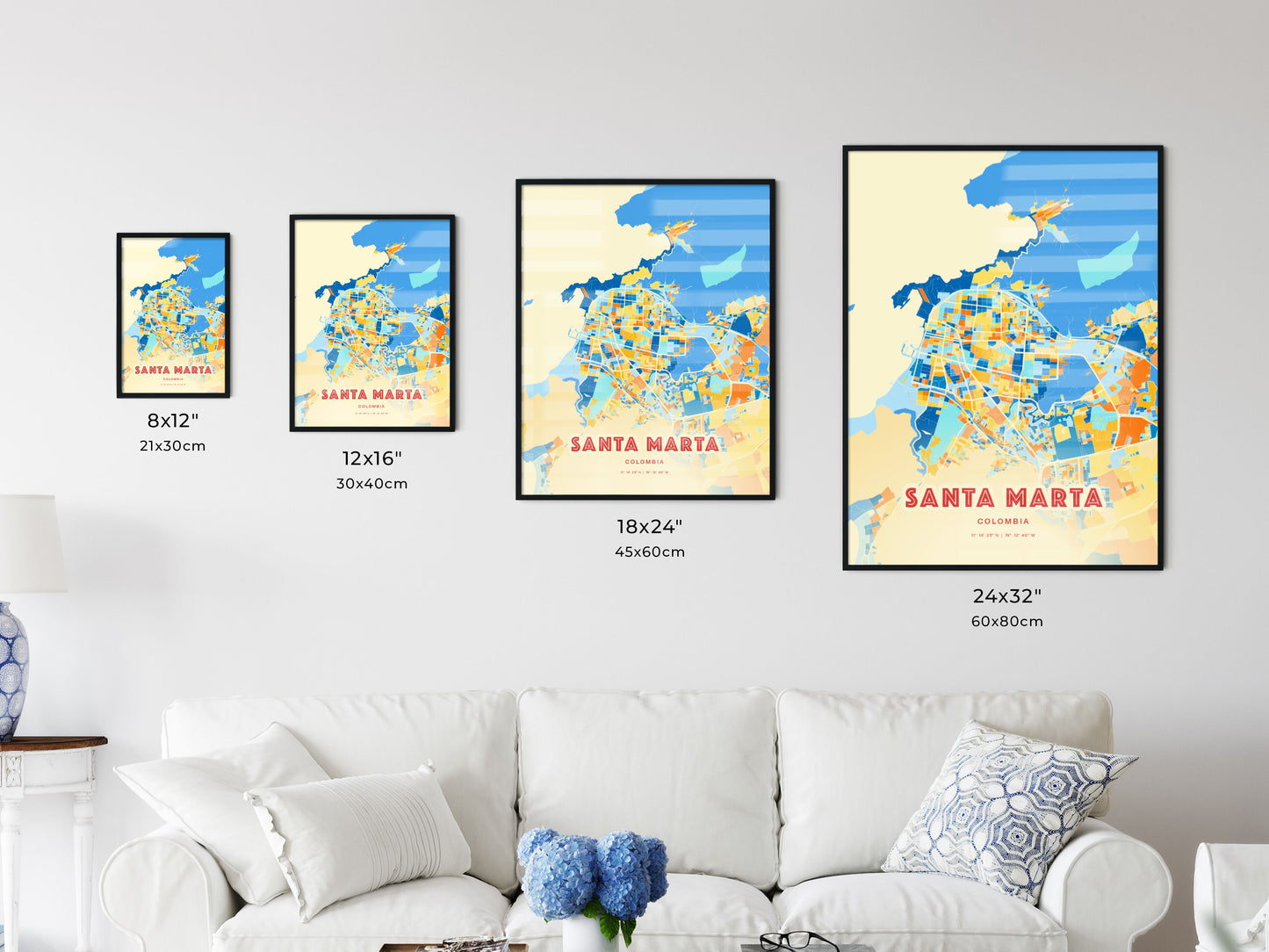 Colorful SANTA MARTA COLOMBIA Fine Art Map Blue Orange