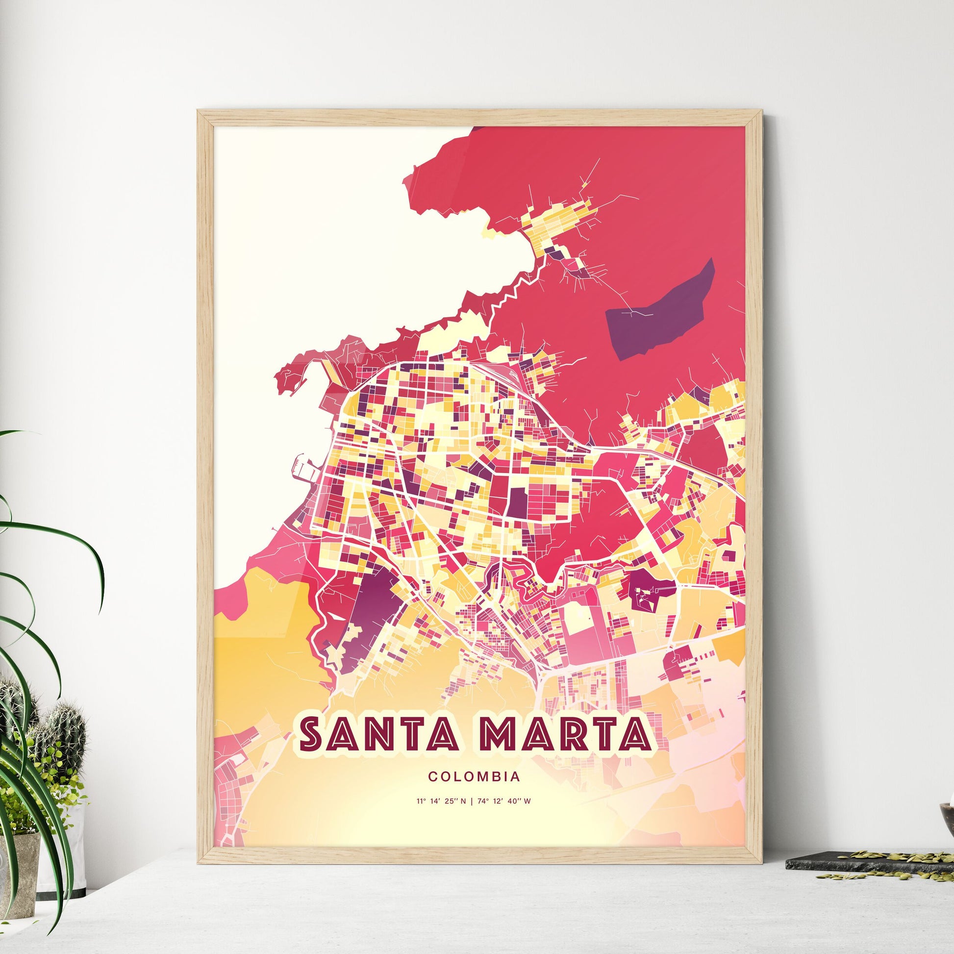 Colorful SANTA MARTA COLOMBIA Fine Art Map Hot Red