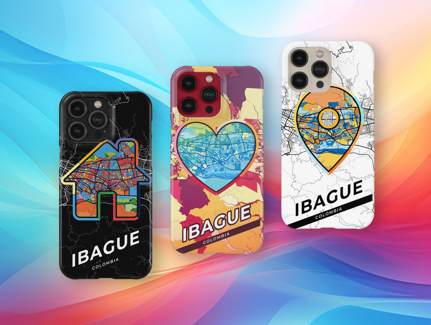 Ibague Colombia slim phone case with colorful icon. Birthday, wedding or housewarming gift. Couple match cases.