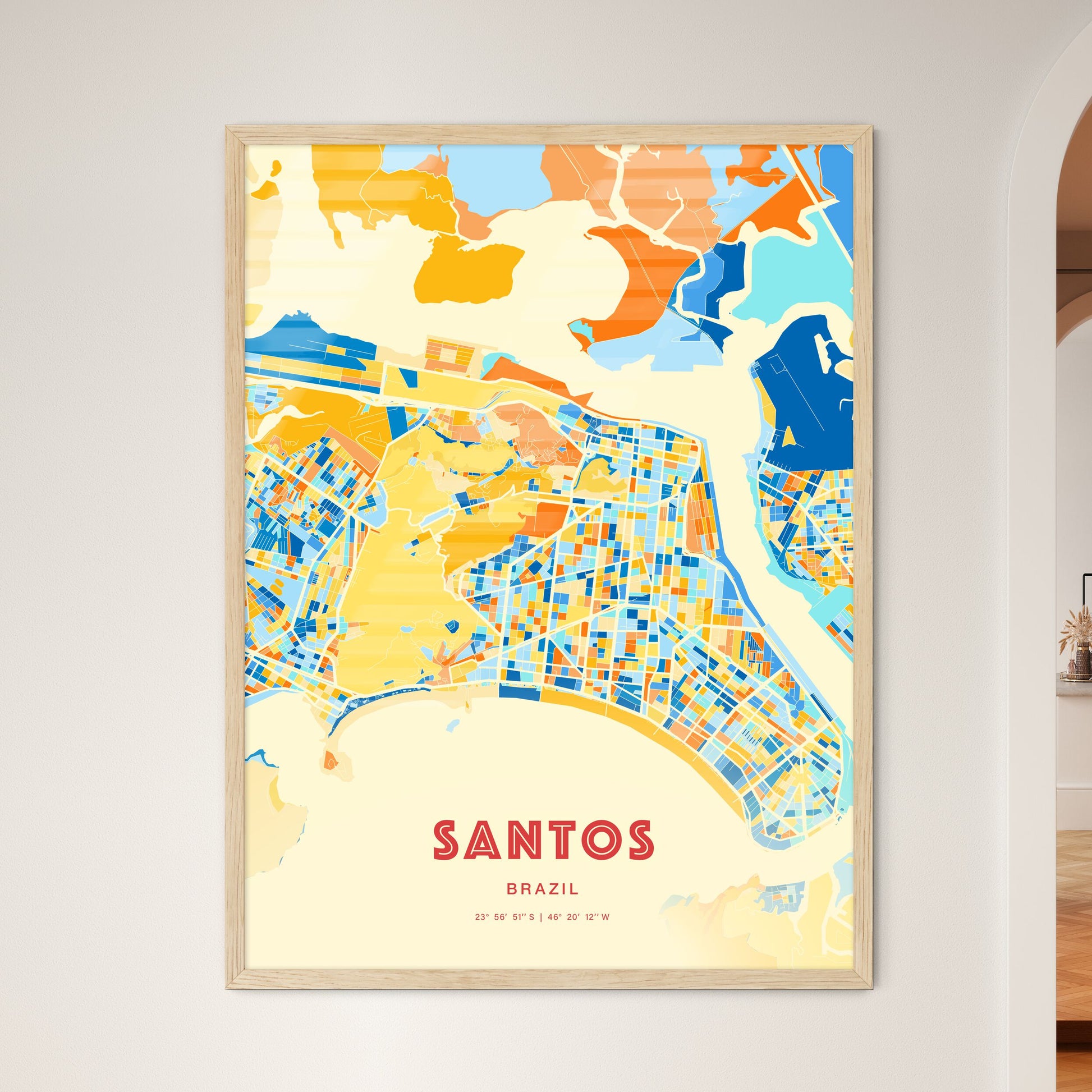 Colorful SANTOS BRAZIL Fine Art Map Blue Orange