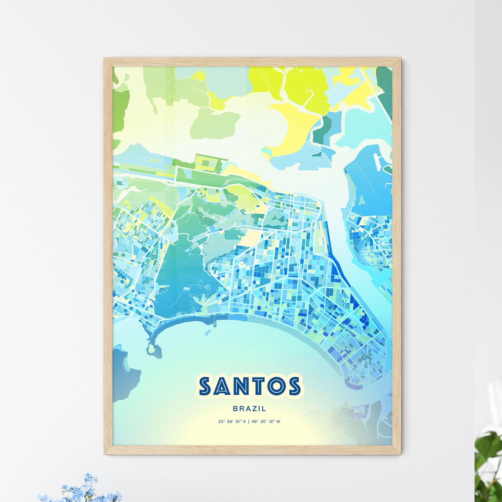 Colorful SANTOS BRAZIL Fine Art Map Cool Blue