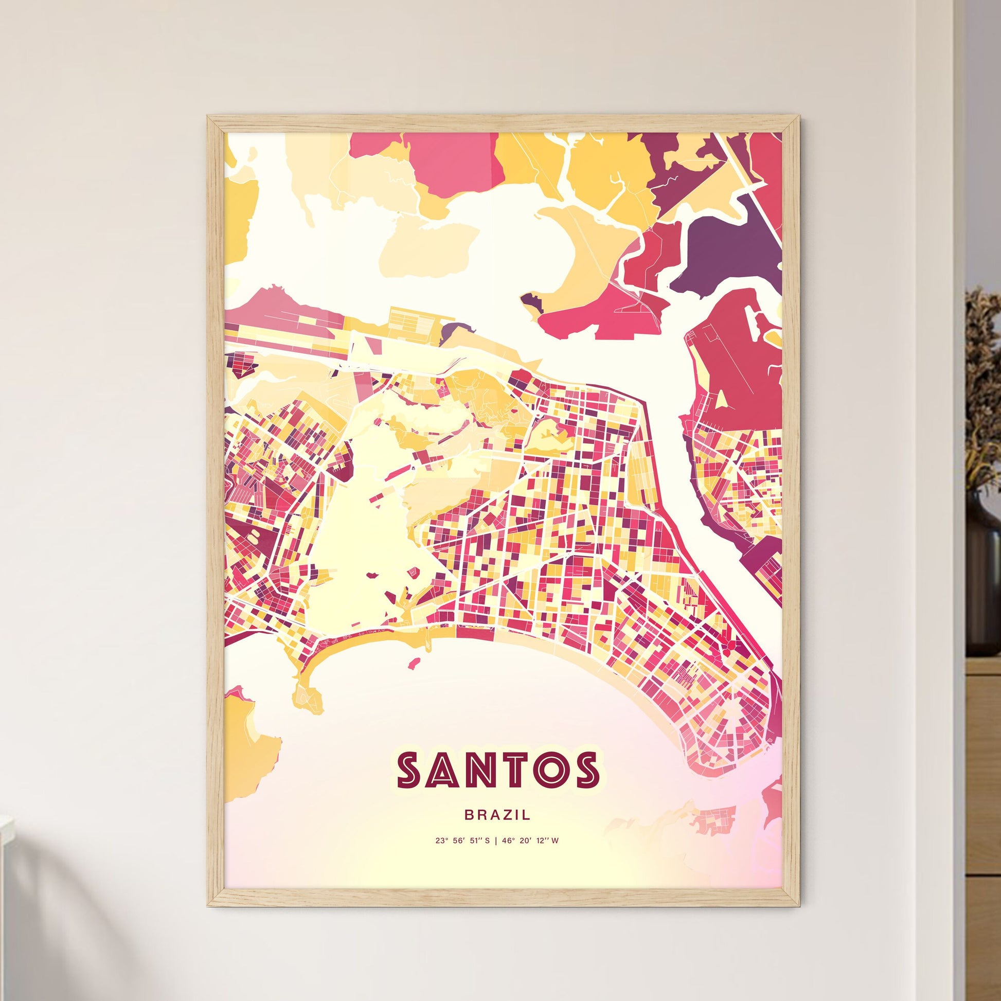 Colorful SANTOS BRAZIL Fine Art Map Hot Red