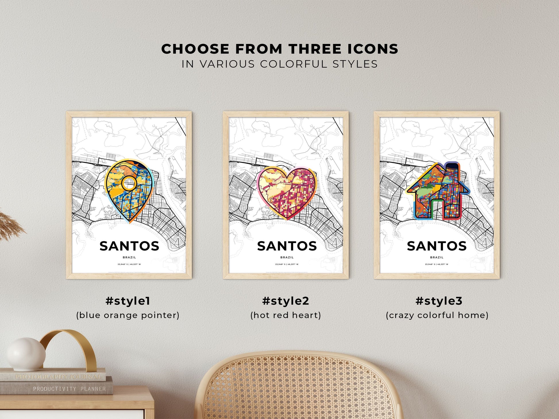 Santos Brazil maps with colorful icons