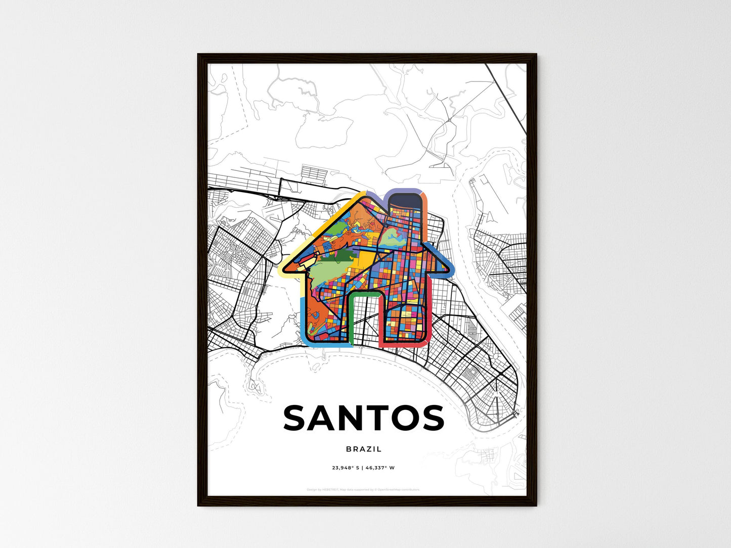 Santos Brazil wedding art map with home icon