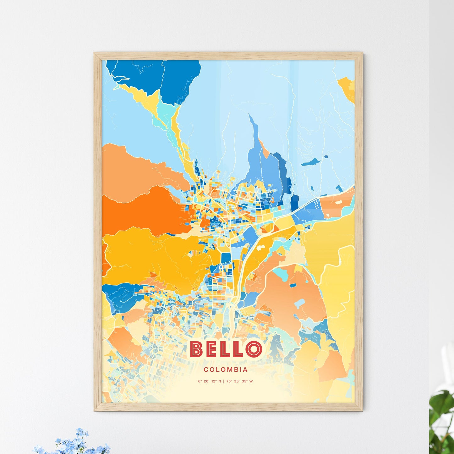 Colorful BELLO COLOMBIA Fine Art Map Blue Orange