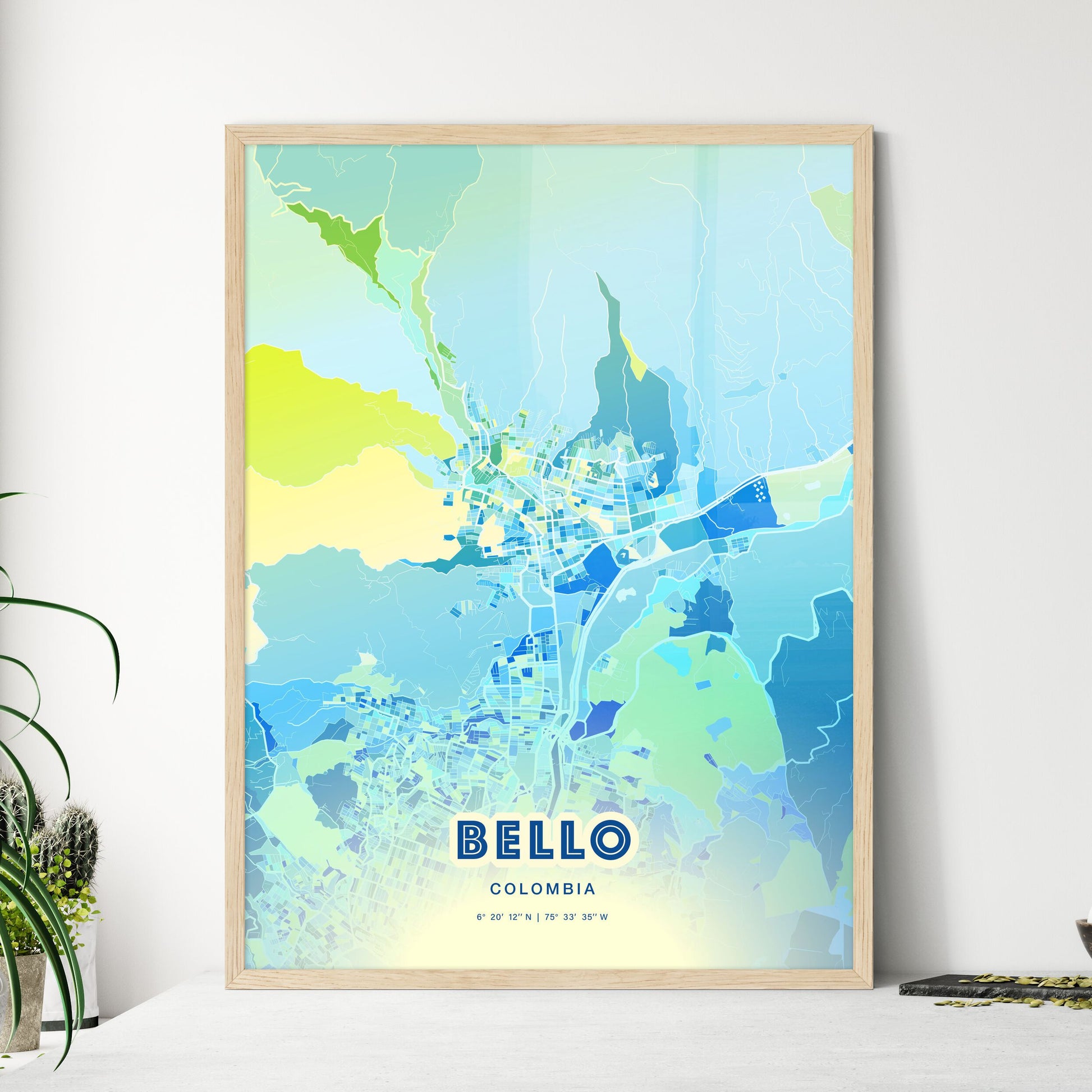 Colorful BELLO COLOMBIA Fine Art Map Cool Blue