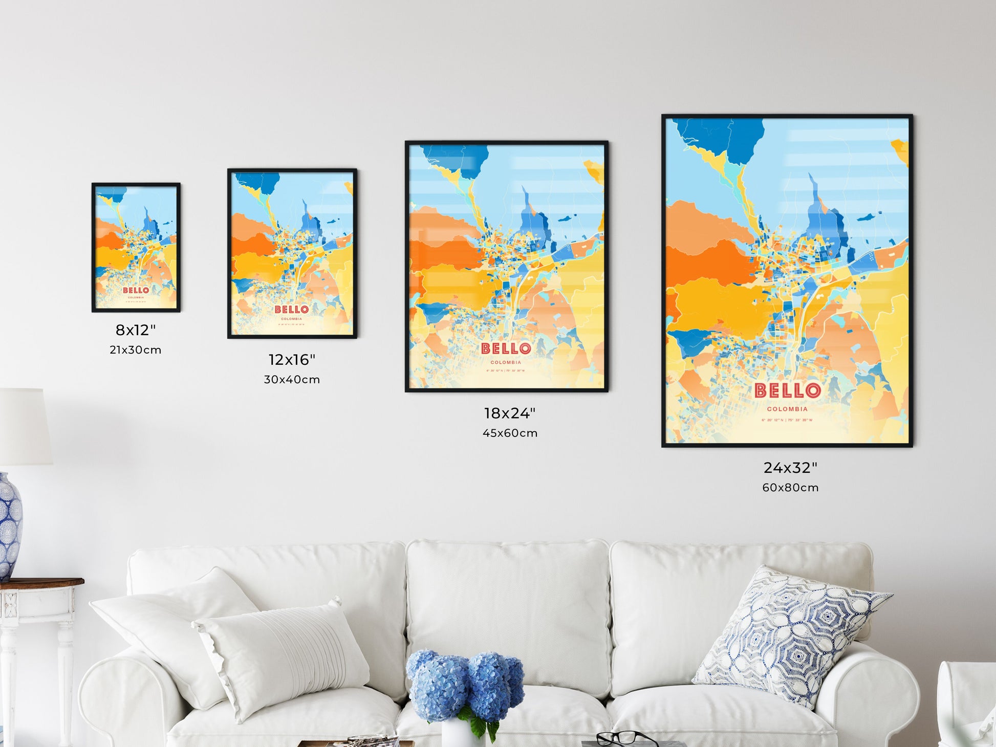 Colorful BELLO COLOMBIA Fine Art Map Blue Orange