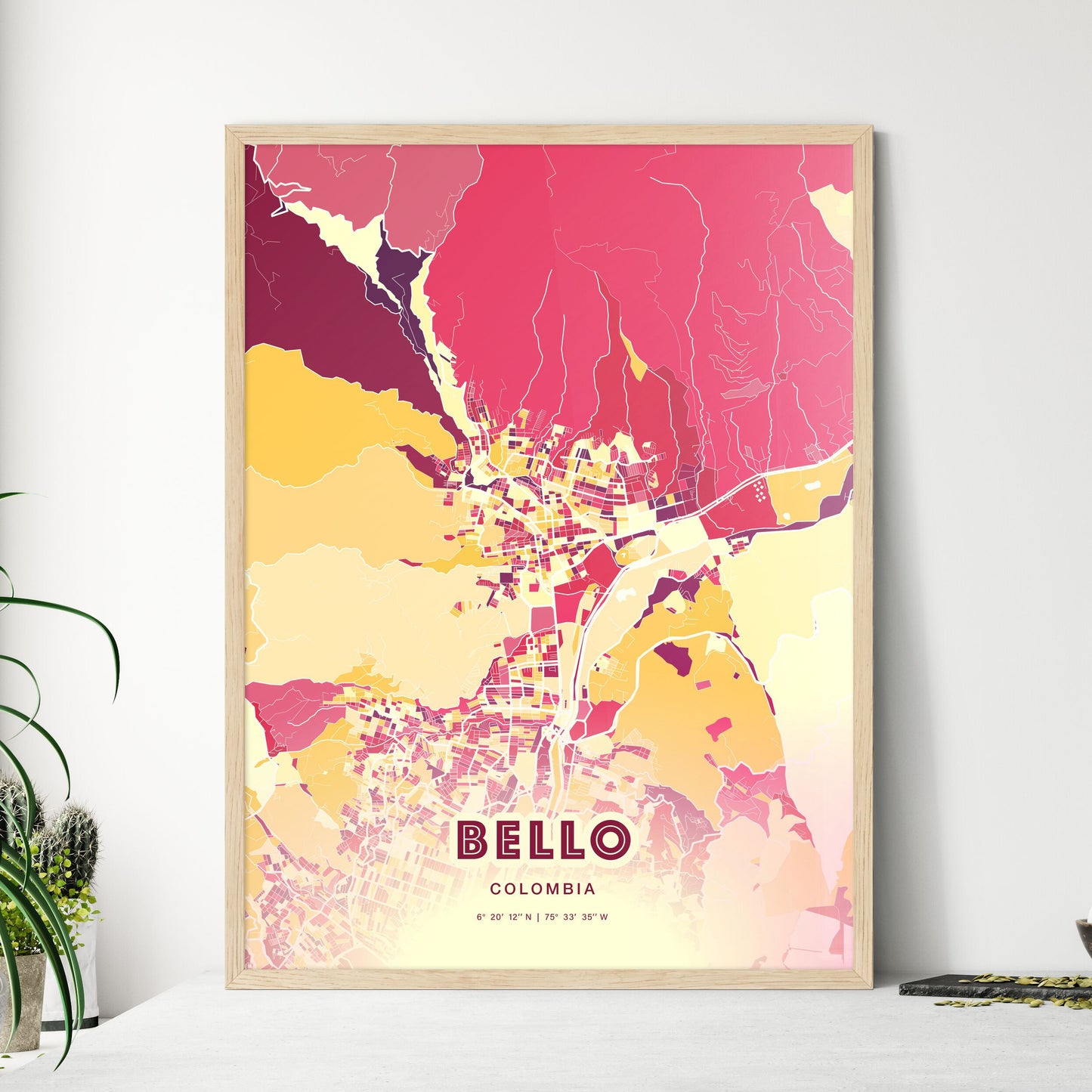 Colorful BELLO COLOMBIA Fine Art Map Hot Red