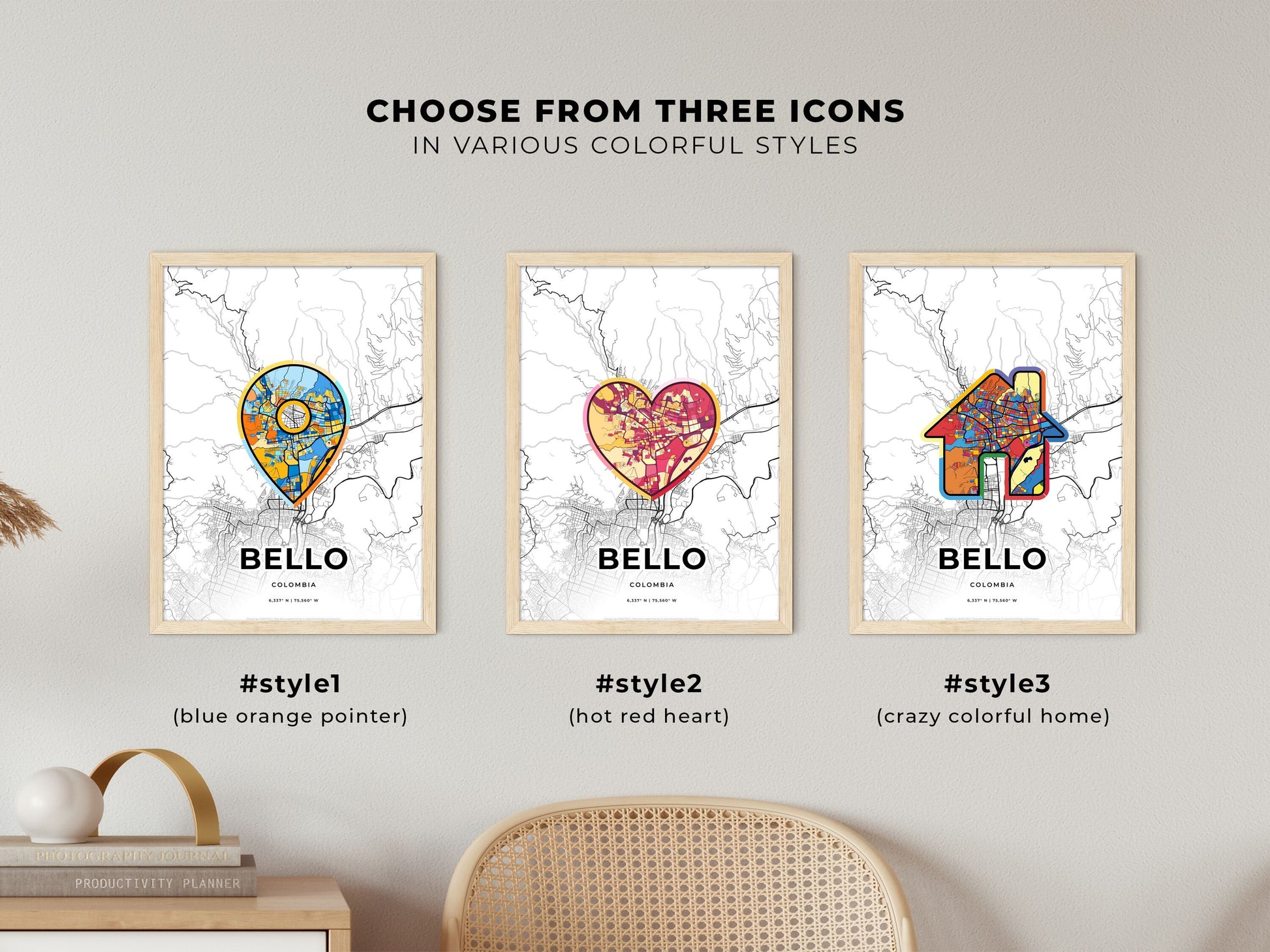 Bello Colombia maps with colorful icons