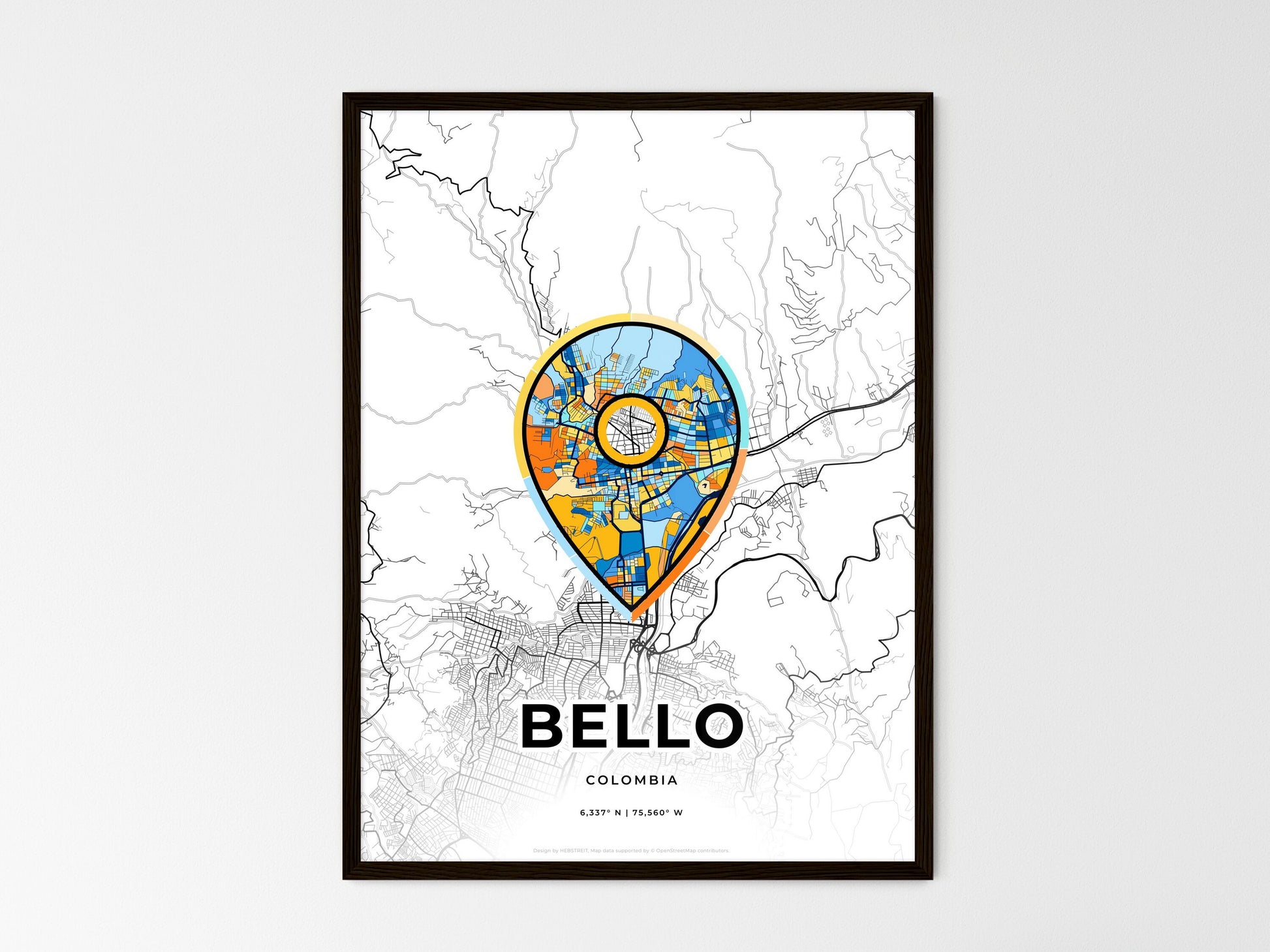 Bello Colombia wedding art map with pointer icon