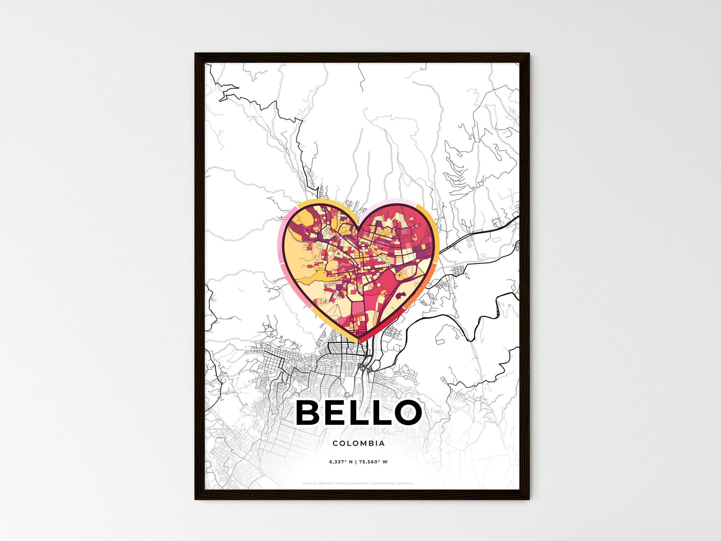 Bello Colombia wedding art map with heart icon