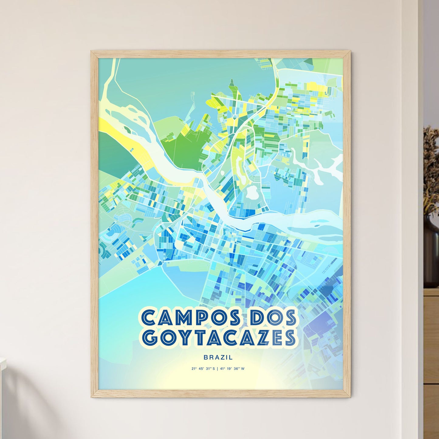 Colorful CAMPOS DOS GOYTACAZES BRAZIL Fine Art Map Cool Blue