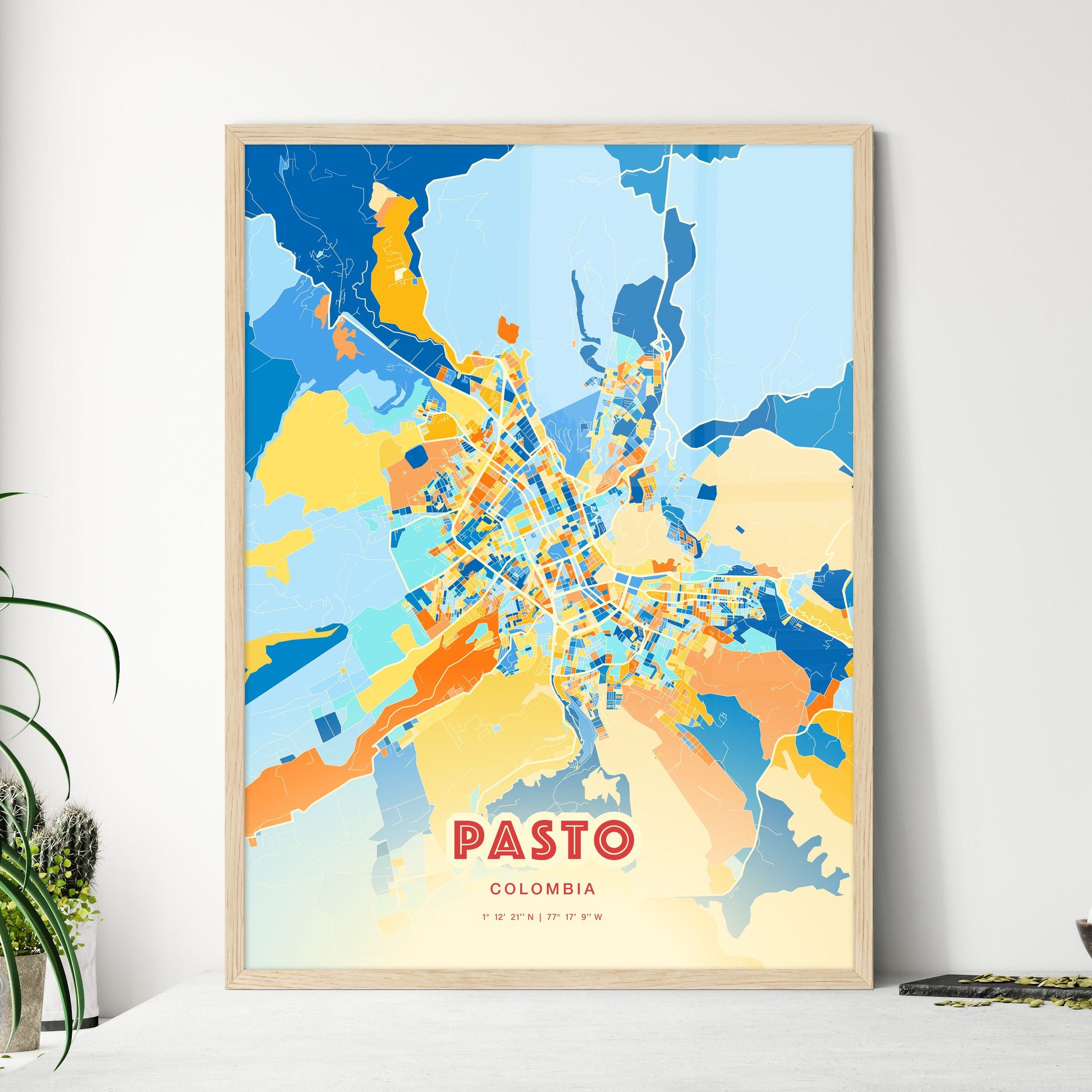 Colorful PASTO COLOMBIA Fine Art Map Blue Orange