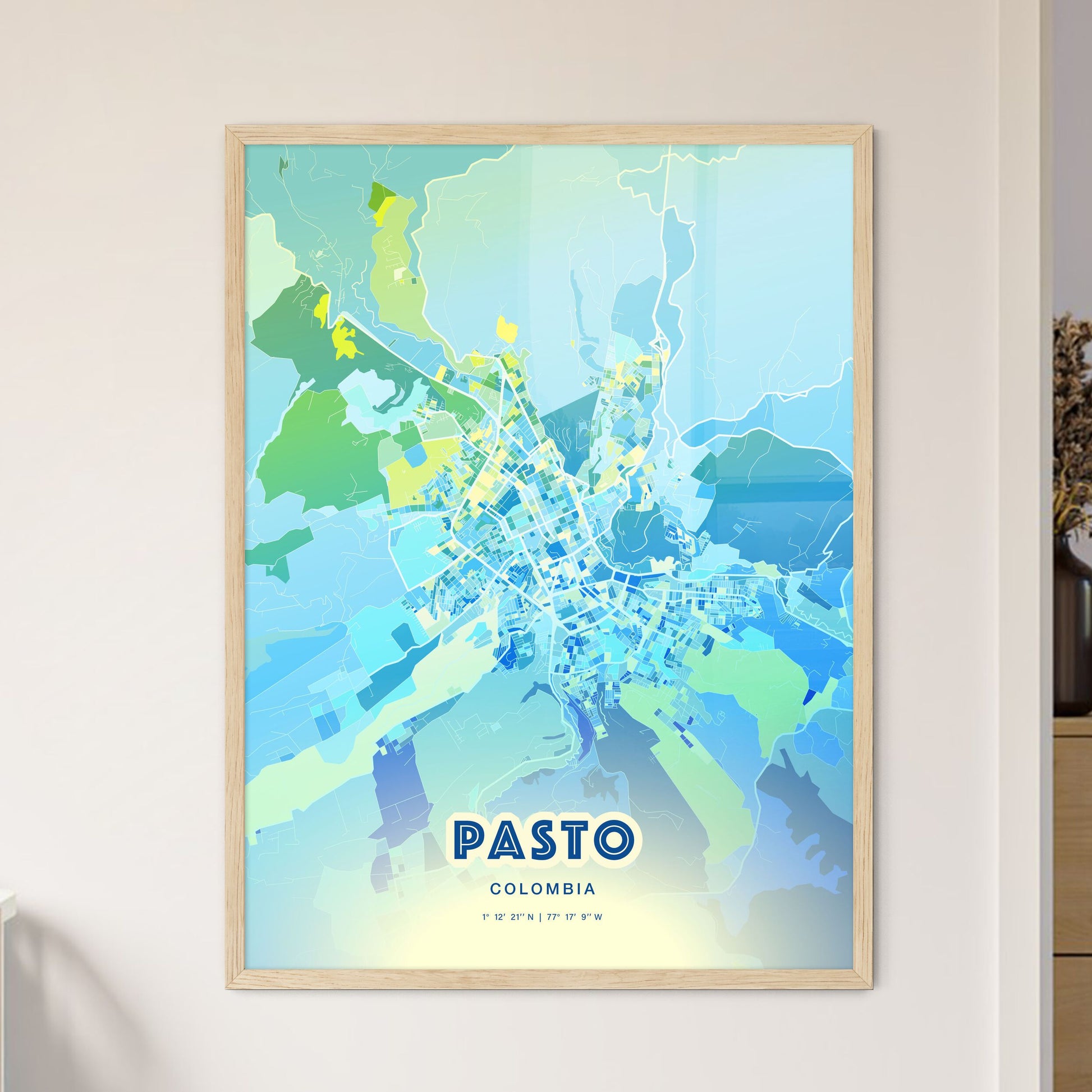 Colorful PASTO COLOMBIA Fine Art Map Cool Blue