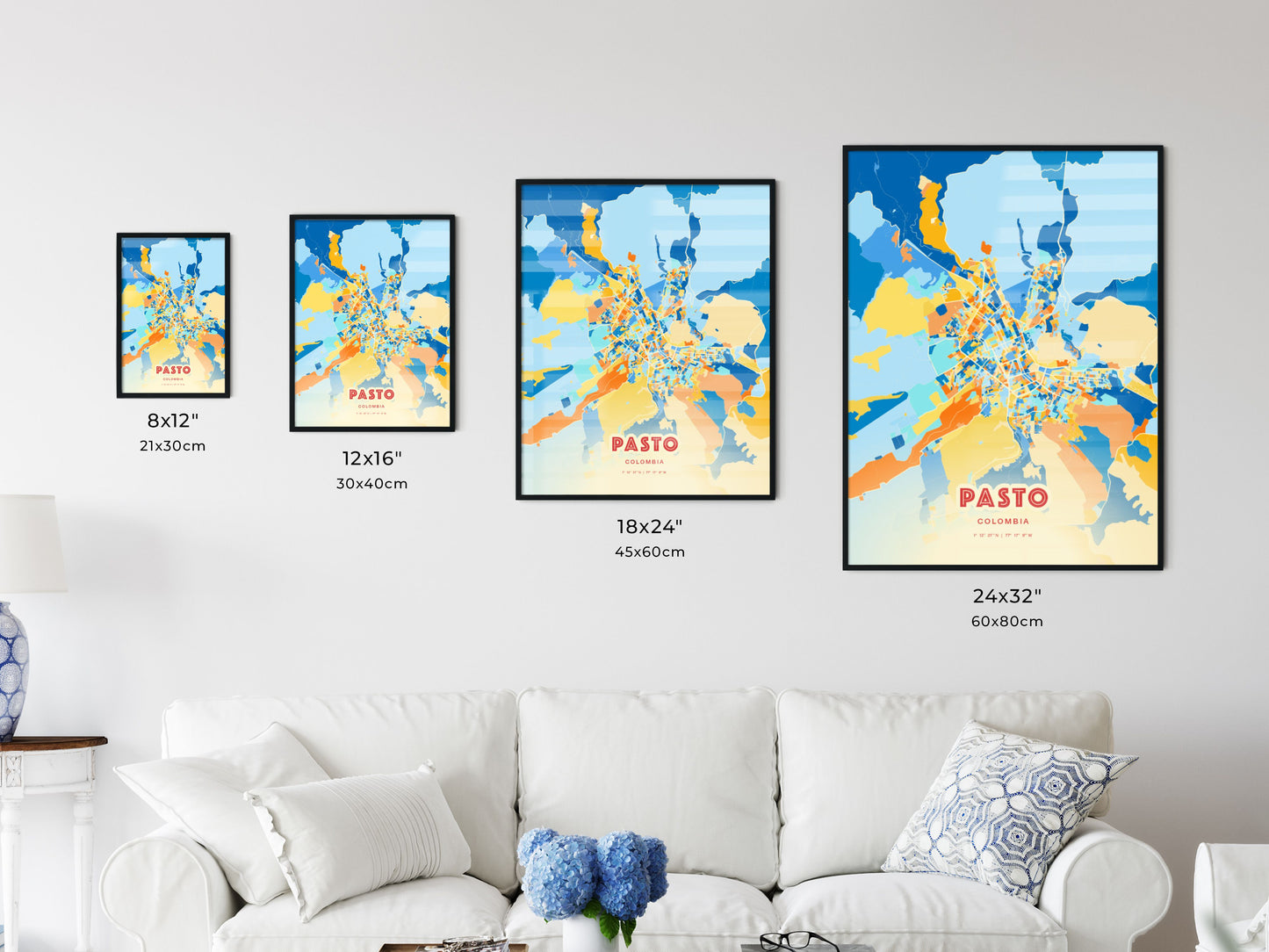 Colorful PASTO COLOMBIA Fine Art Map Blue Orange