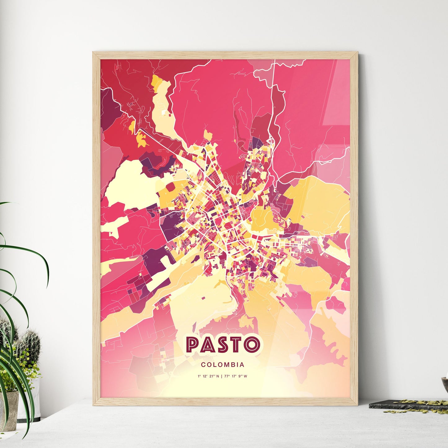 Colorful PASTO COLOMBIA Fine Art Map Hot Red